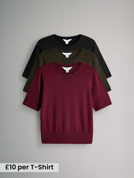Black/Red/Khaki Green - 4 Pack Long Sleeve Fine Knit T-Shirts (W27082) | £30