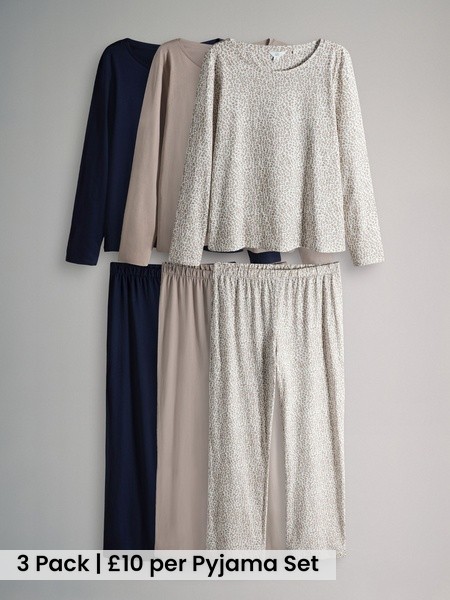 Brown/Navy/Animal 3 Pack Long Sleeve Long Leg Jersey Pyjamas (W27862) | £30