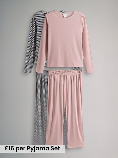 Baby Pink/Stripe - 2 Pack Soft Touch Ribbed Long Sleeve Leg Pyjamas (W27864) | £32