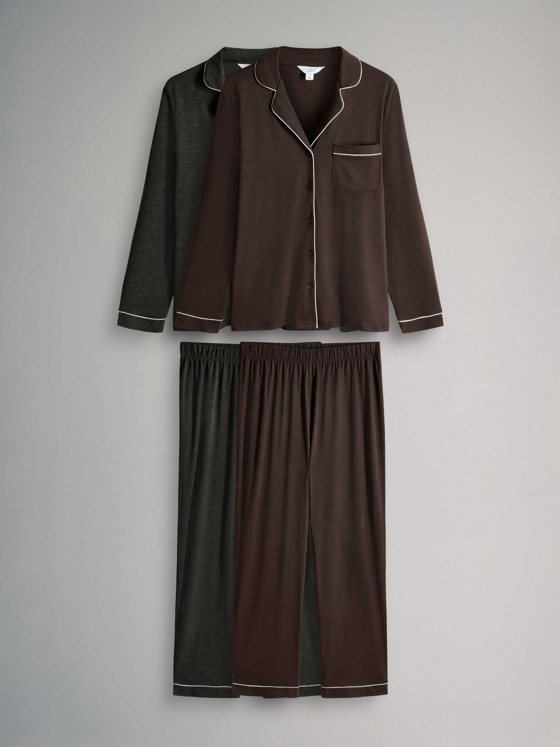 Chocolate Brown / Charcoal Marl - 2 Pack Viscose Blend Button Through Long Pyjamas with Piping (W27870) | £32