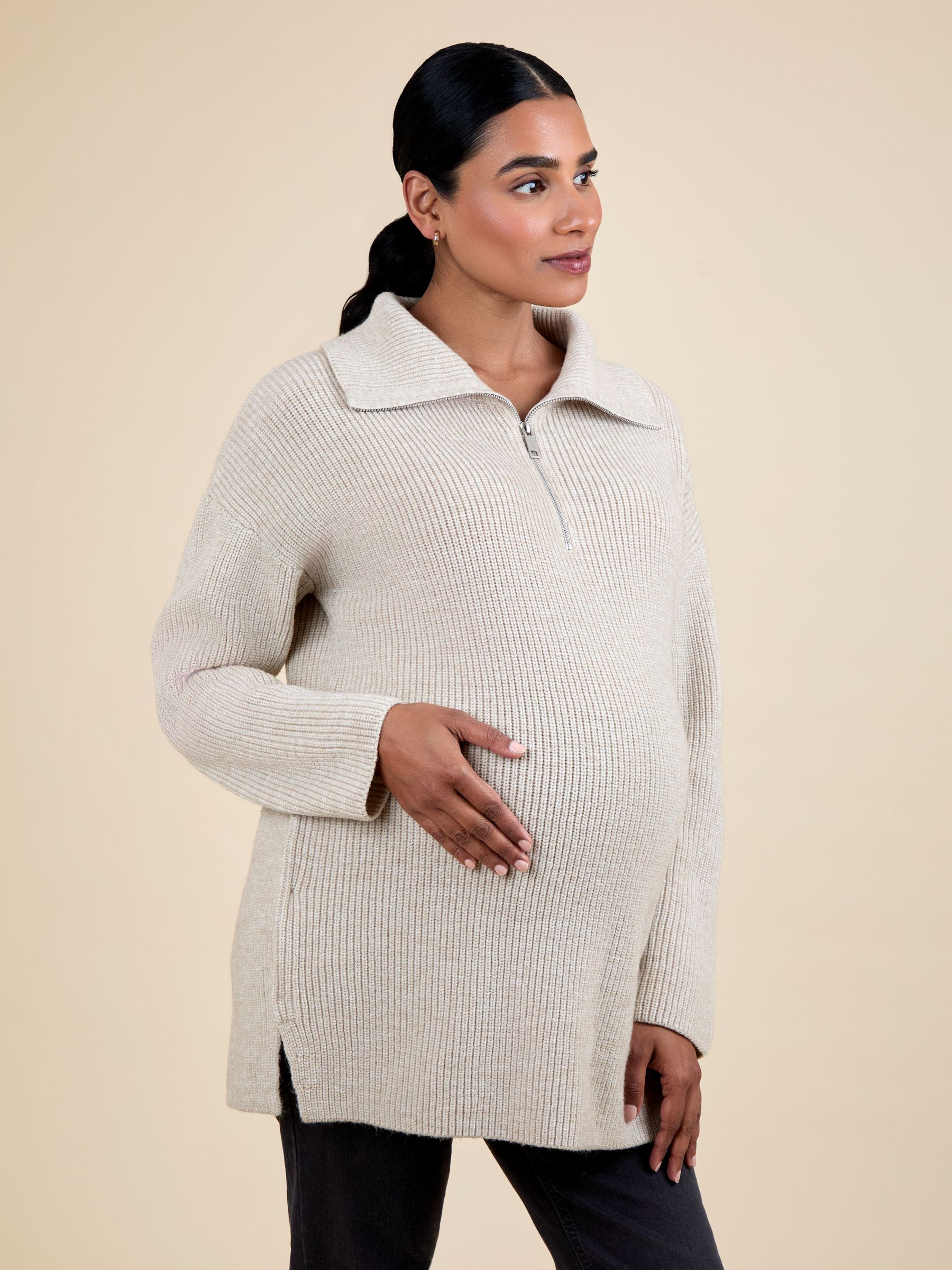 NaturalOatmeal Half Zip Maternity And Nursing Jumper (W28135) | £45
