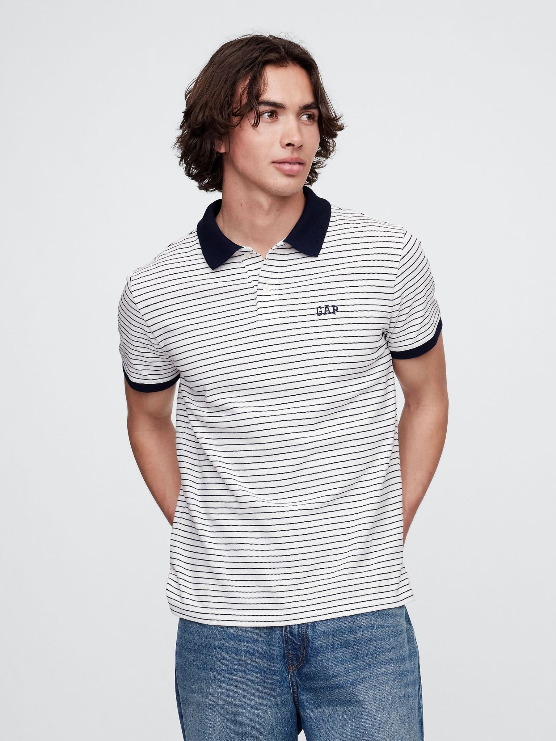 White/Navy Stripe Logo Short Sleeve Polo Shirt (W28322) | £30
