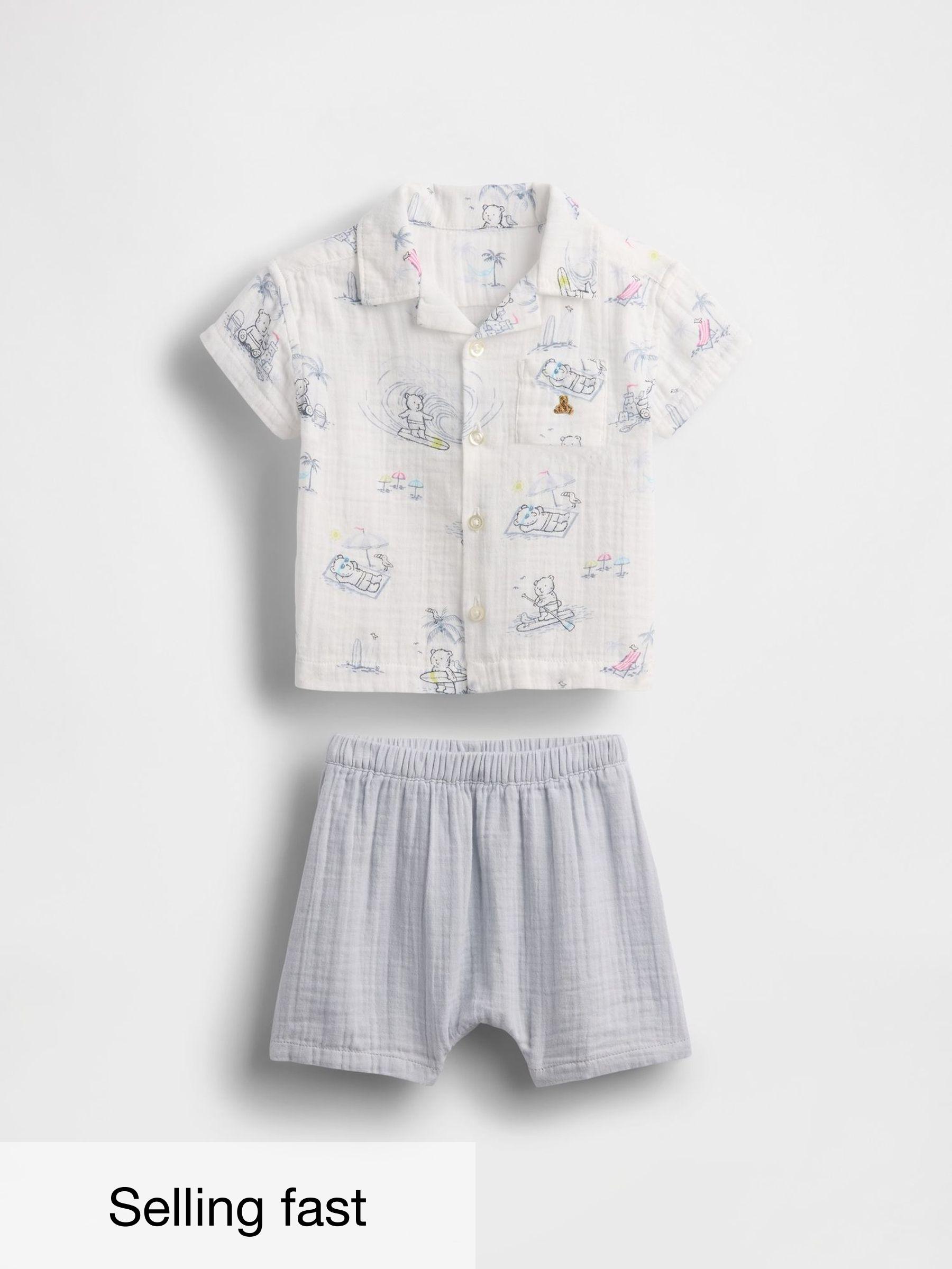 White/Grey Crinkle Gauze Shirt & Shorts (Newborn-24mths) (W28448) | £25