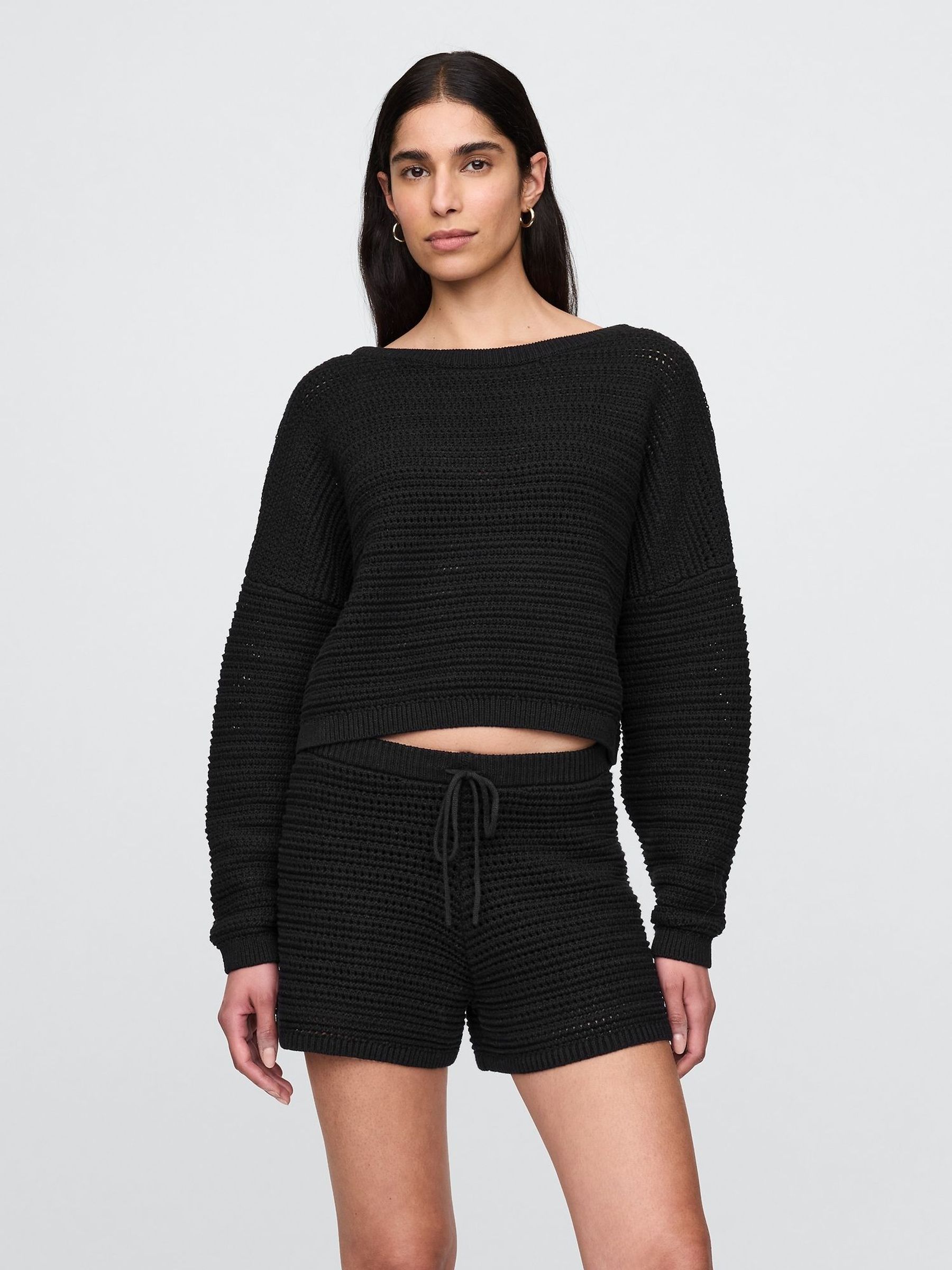 Black Crochet Cropped Boatneck Jumper (W28617) | £45