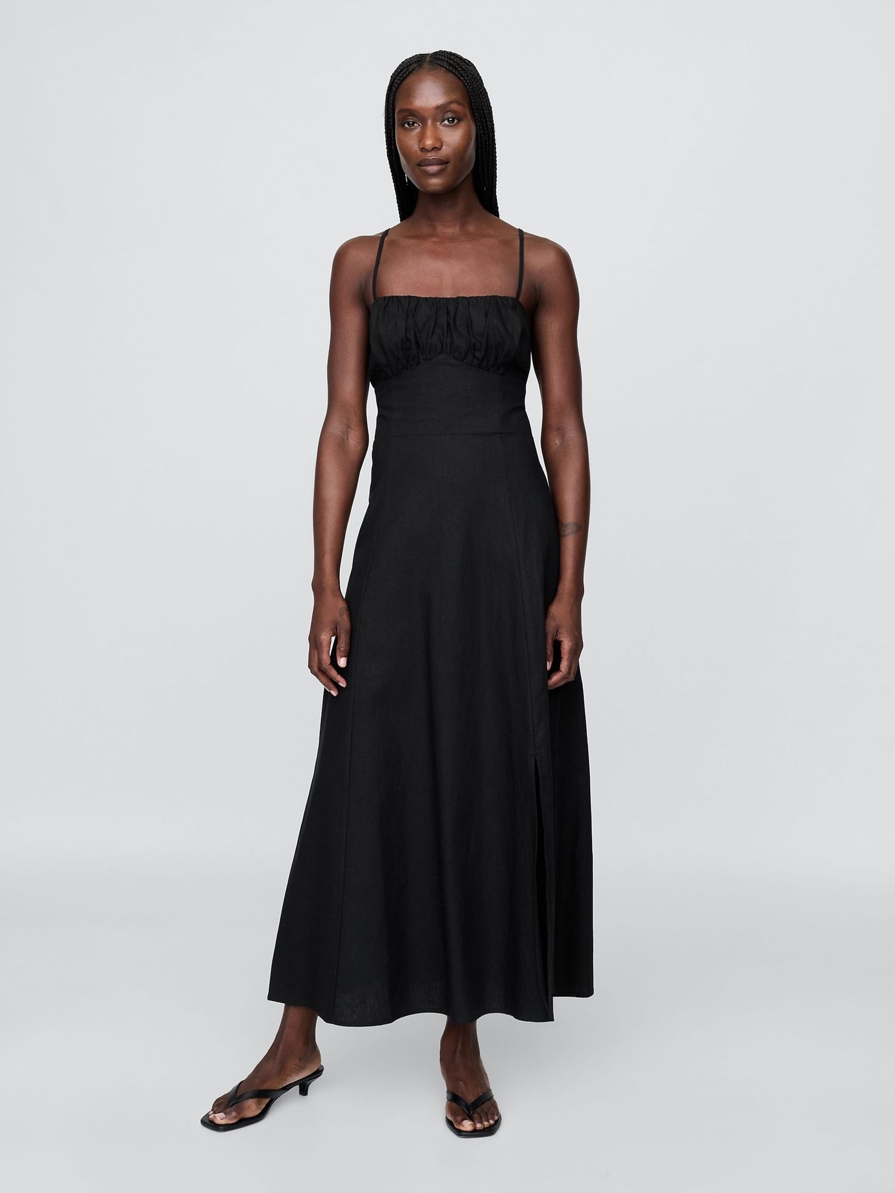 Black Linen-Blend Shirred Bodice Maxi Dress (W28618) | £85