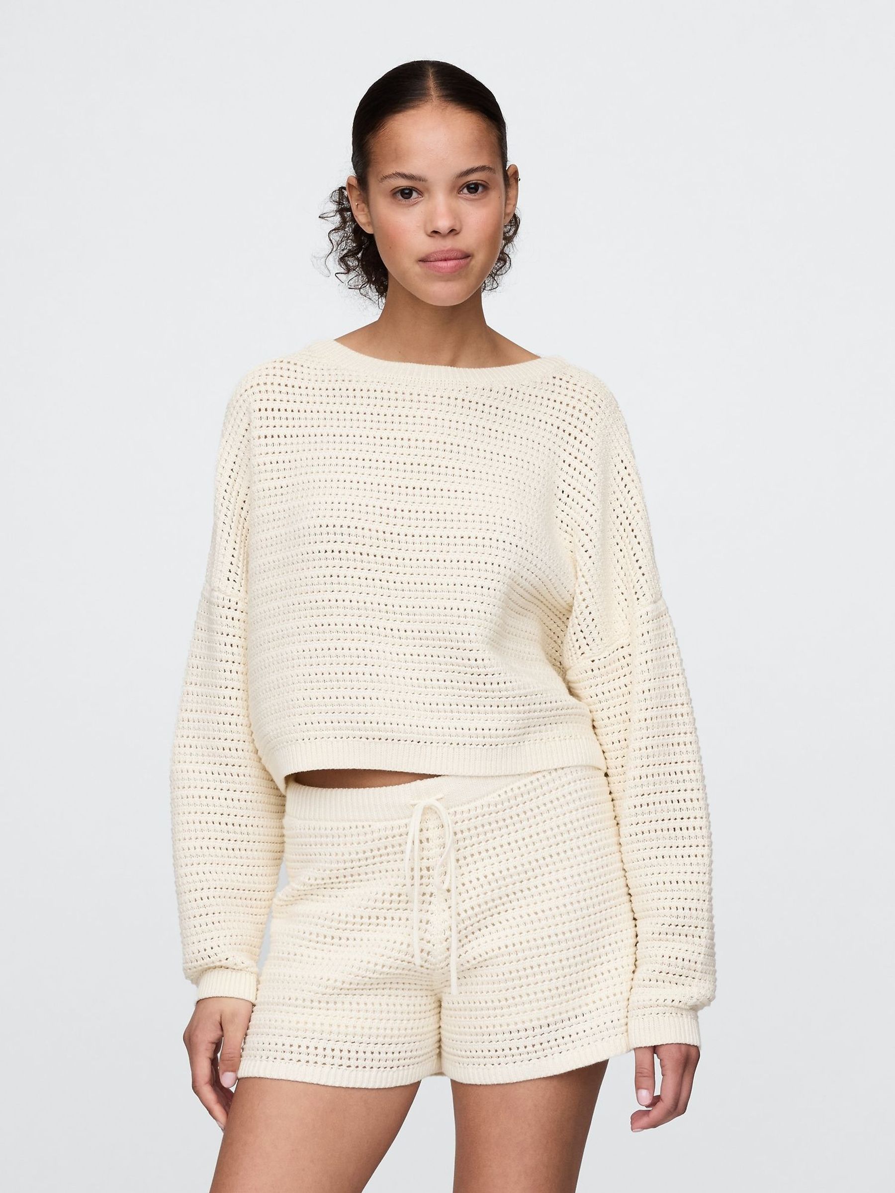 Cream Crochet Cropped Boatneck Jumper (W28628) | £45