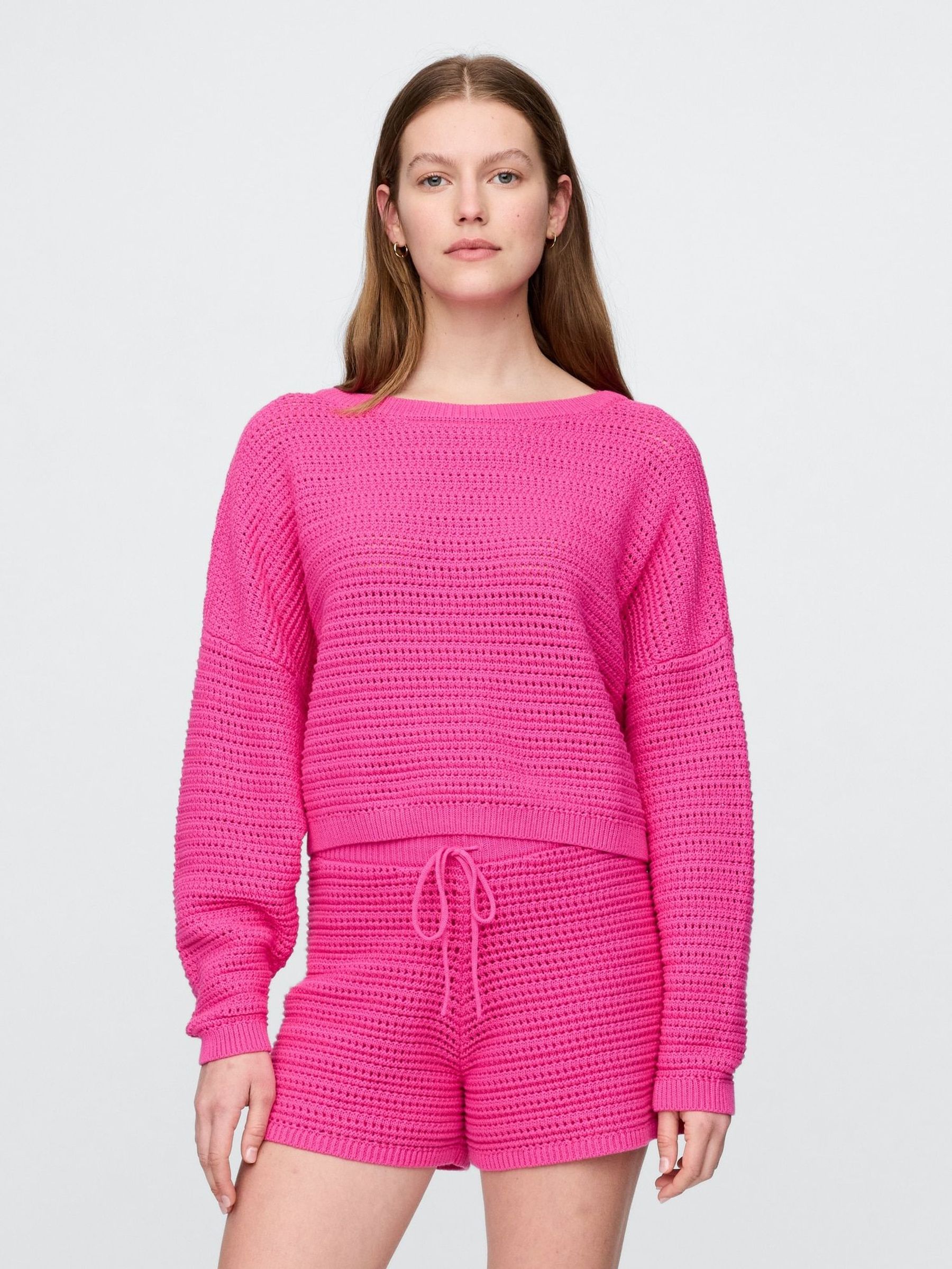 Pink Crochet Cropped Boatneck Jumper (W28635) | £45