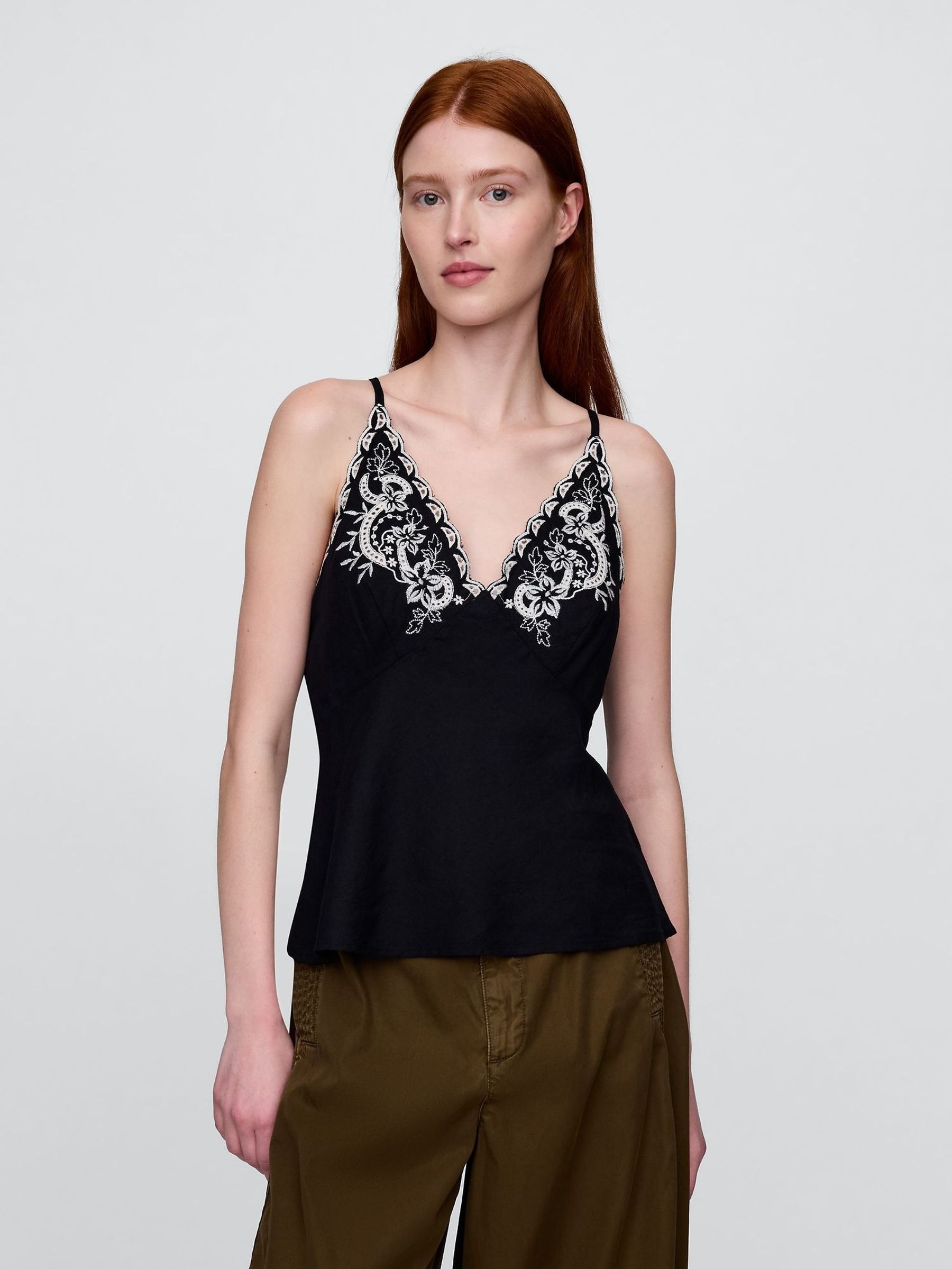 Black/White Linen-Blend Embroidered Halter Top (W28642) | £60