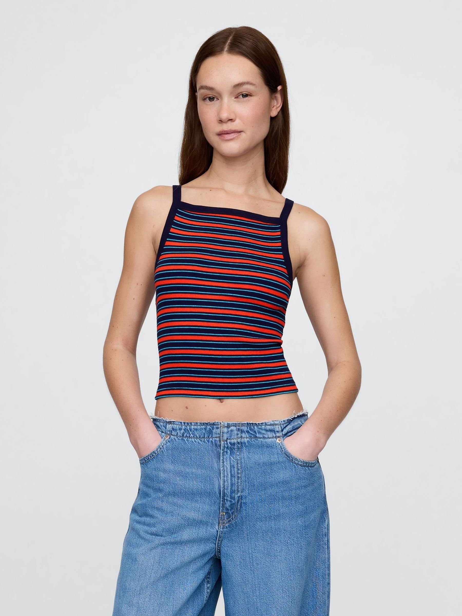 Black/Red Stripe Modern Apron-Neck Crop Vest (W28644) | £16