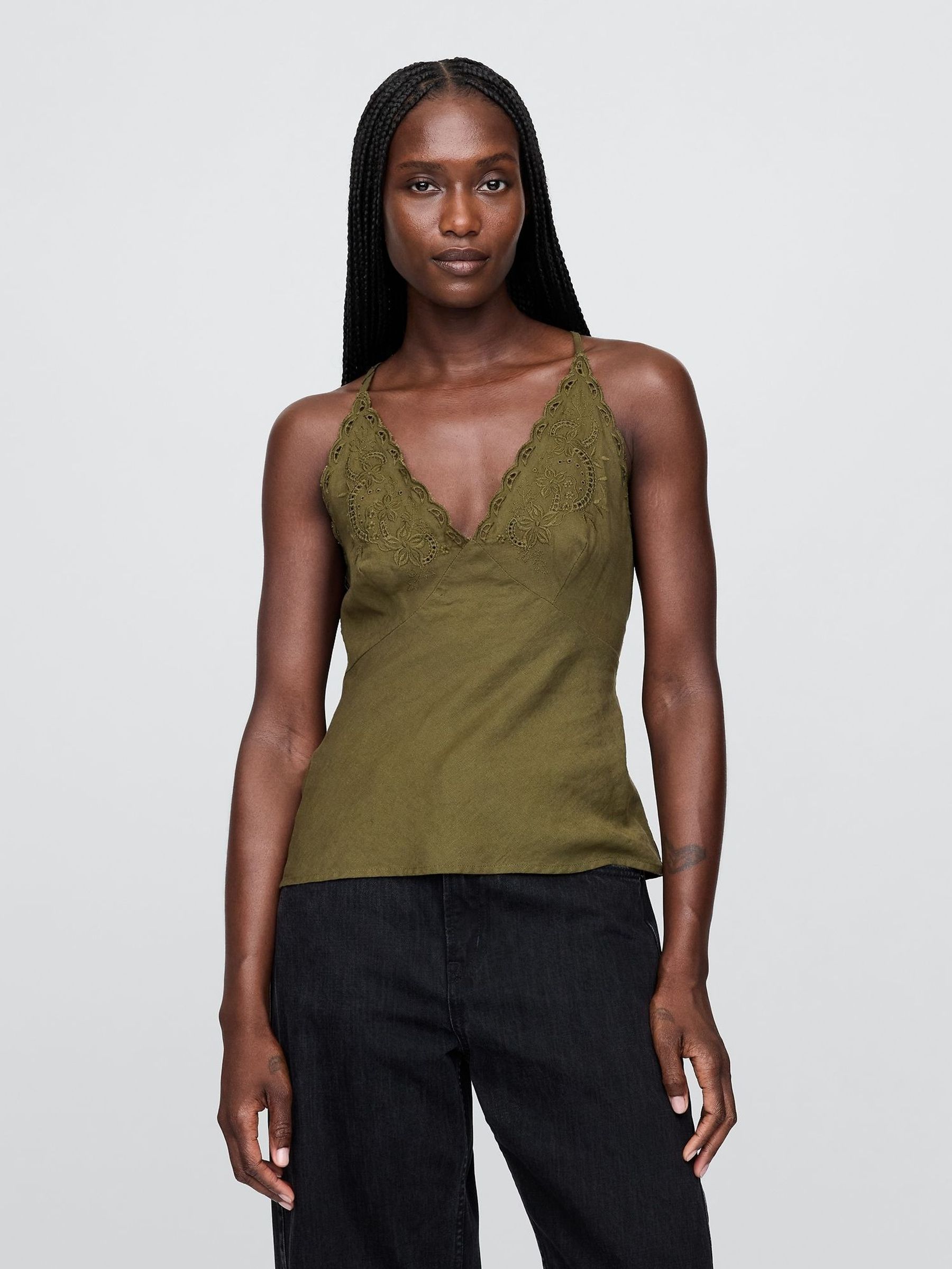 Green Linen-Blend Embroidered Halter Top (W28646) | £60