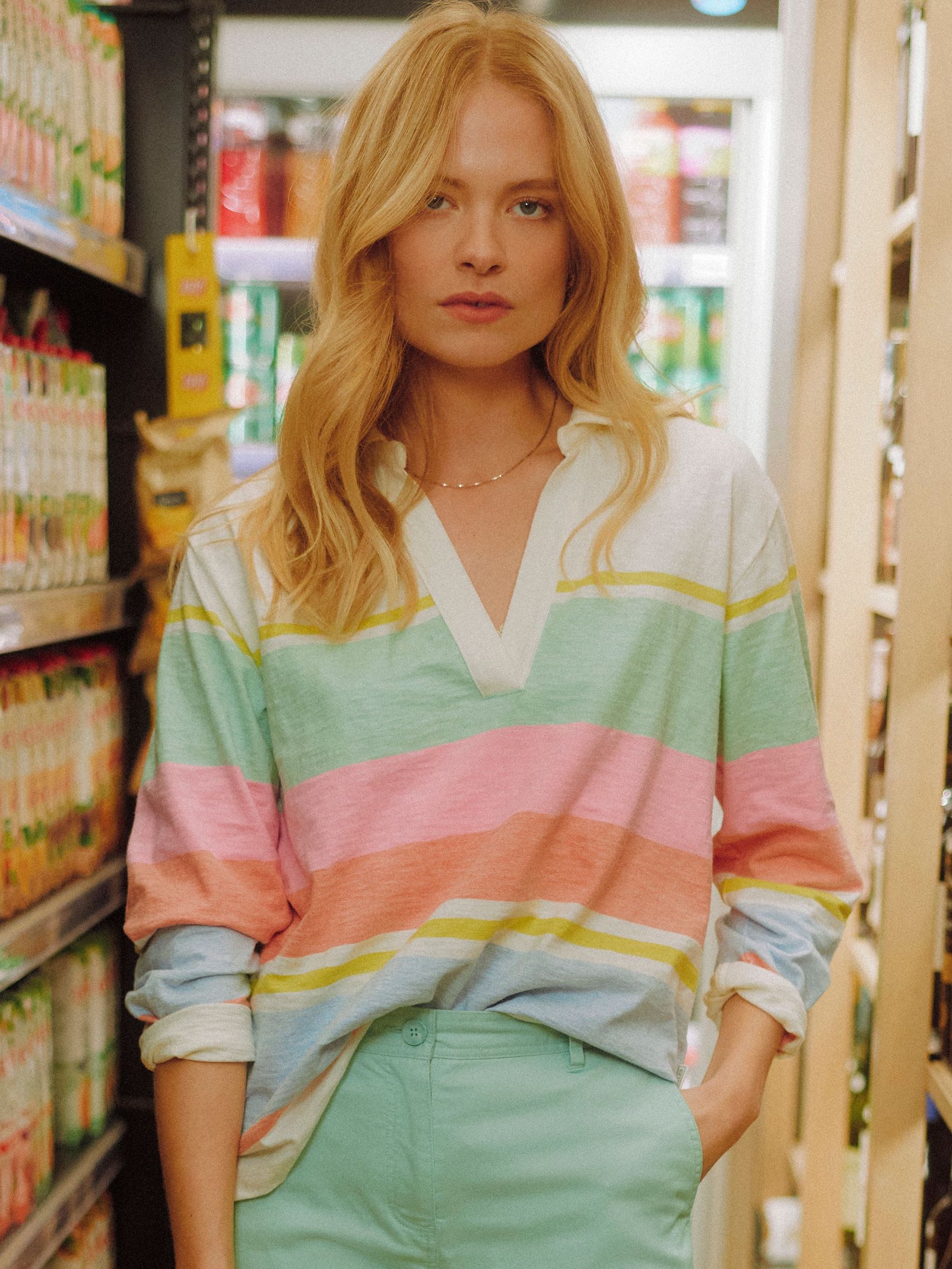 Tallie White & Multi Striped Cotton Jersey Top With Collar