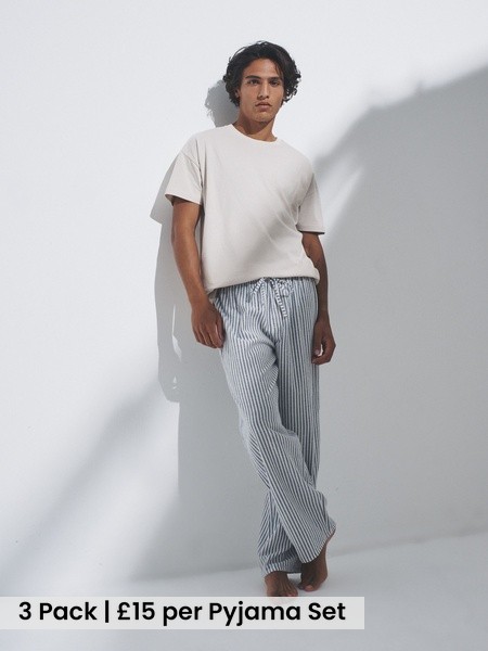 Cream/Grey/Blue 3 Pack Jersey T-Shirt and Flannel Pyjamas (W28712) | £45