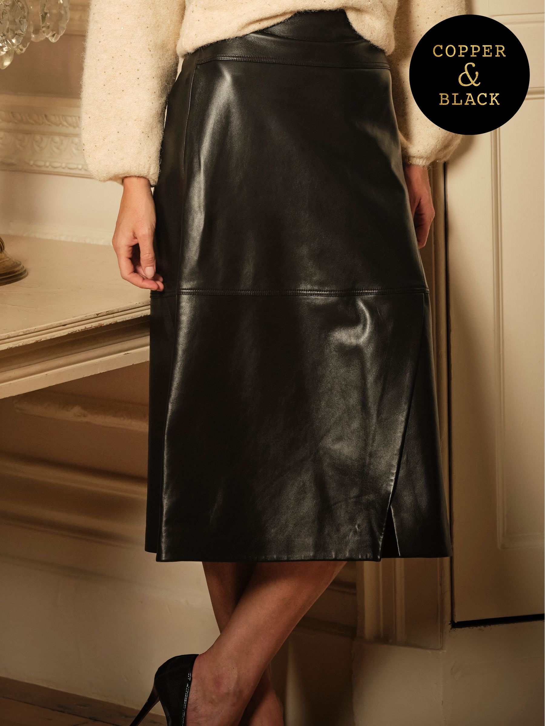 Eden Black Wrap Midi Leather Skirt (W28867) | £199