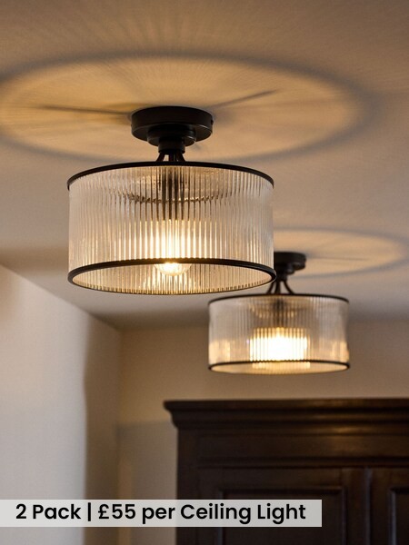 2 Pack Black Ribbed Glass Flush Ceiling Lights (W28939) | £110