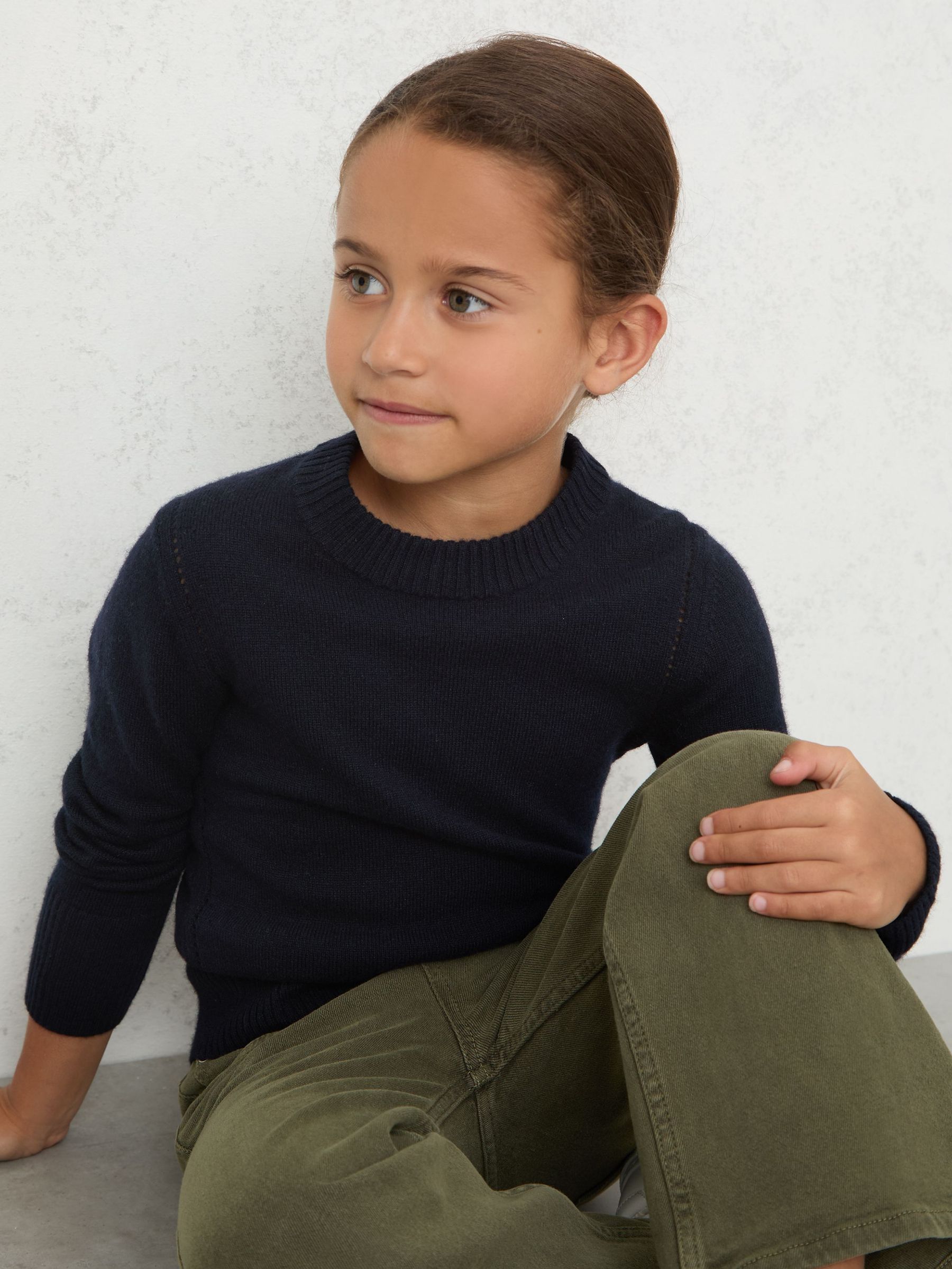 9-13 yrs Wool-Blend Open-Stitch Jumper with Cashmere in Navy (W29753) | £43