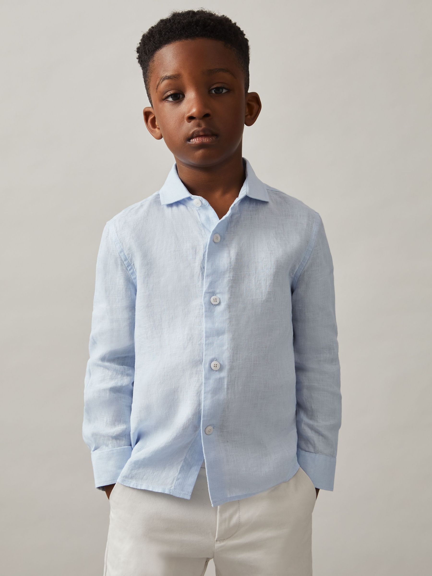 9-13 yrs Linen Long-Sleeve Shirt in Pale Blue (W30202) | £42