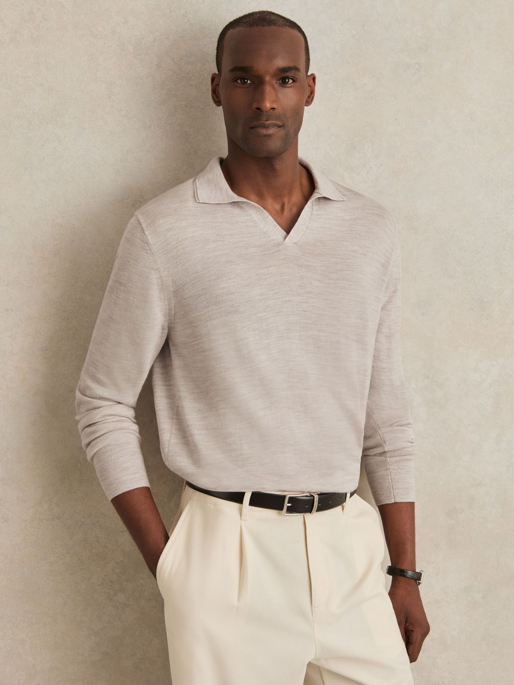 Merino Wool Open-Collar Polo Shirt in Wicker Brown Melange (W30204) | £98