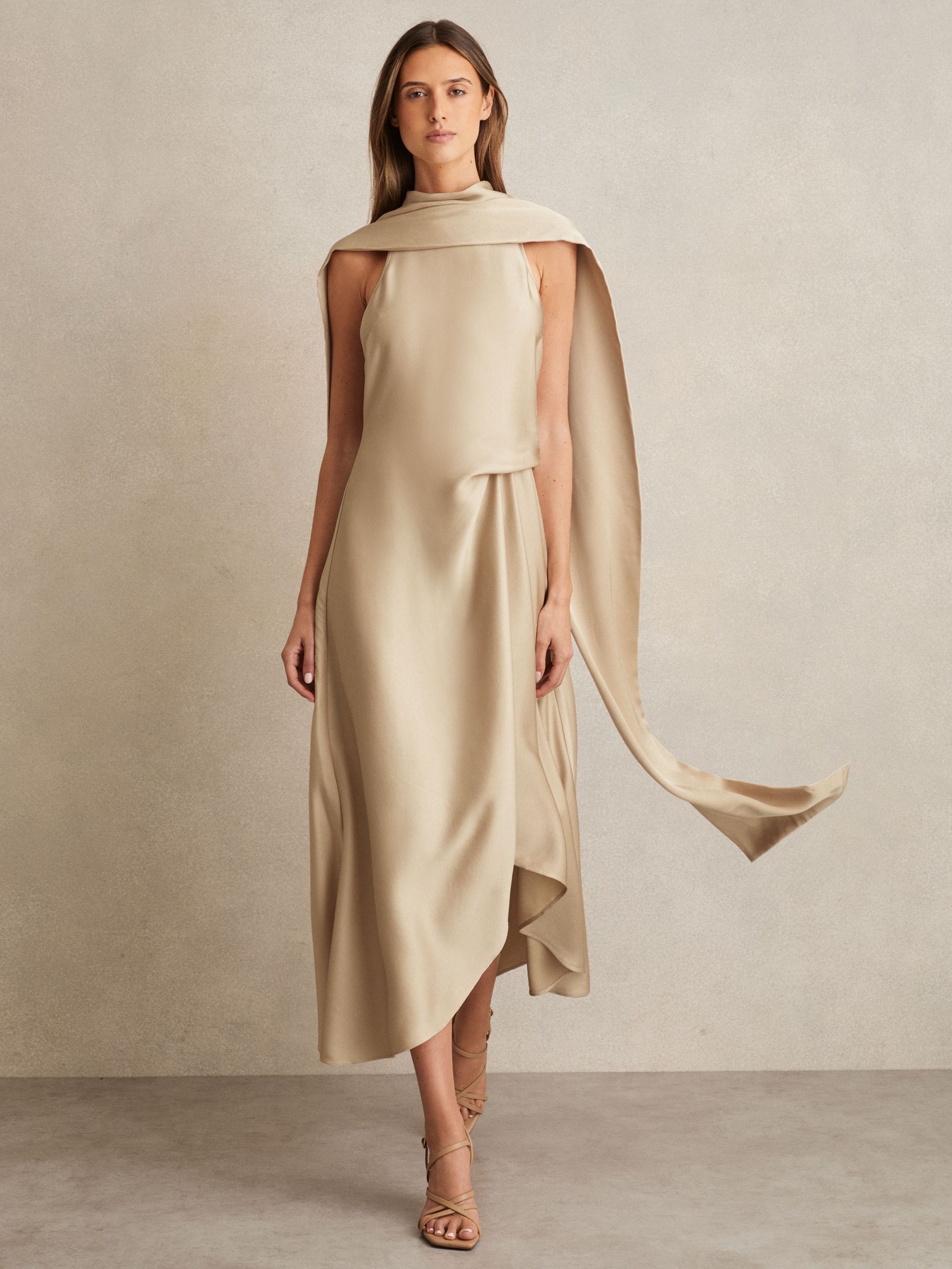 Satin Tuck-Detail Cape Midi Dress in Champagne Neutral (W30206) | £170