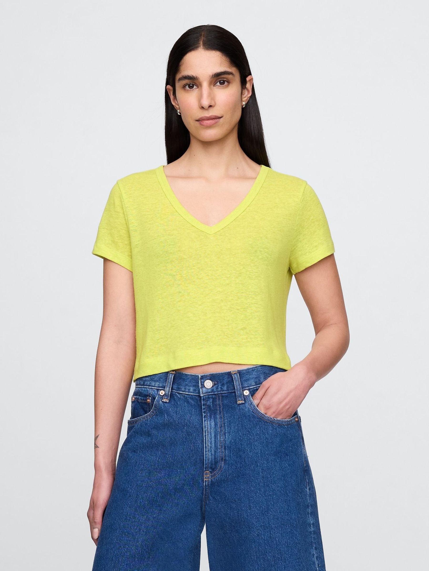 Yellow Linen-Blend Cropped V Neck T-Shirt (W30664) | £25