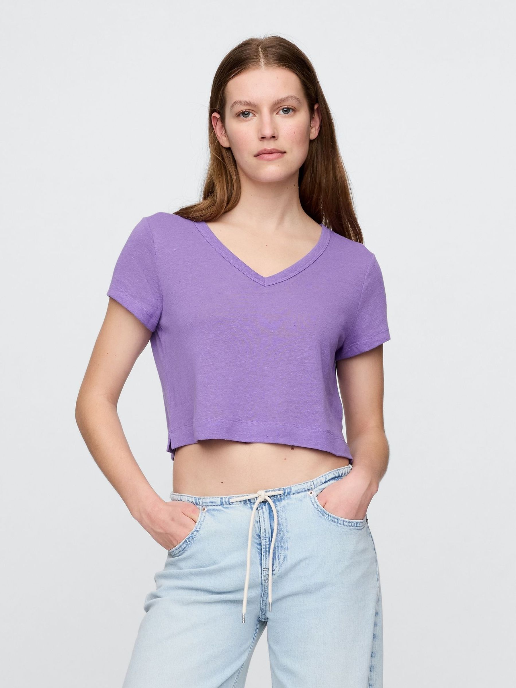 Purple Linen-Blend Cropped V Neck T-Shirt (W30665) | £25