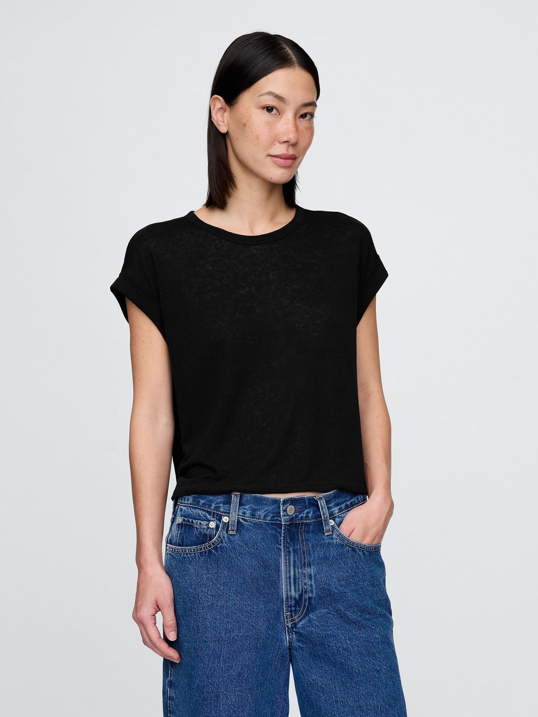 Black Linen-Blend Roll-Cuff T-Shirt (W30666) | £20
