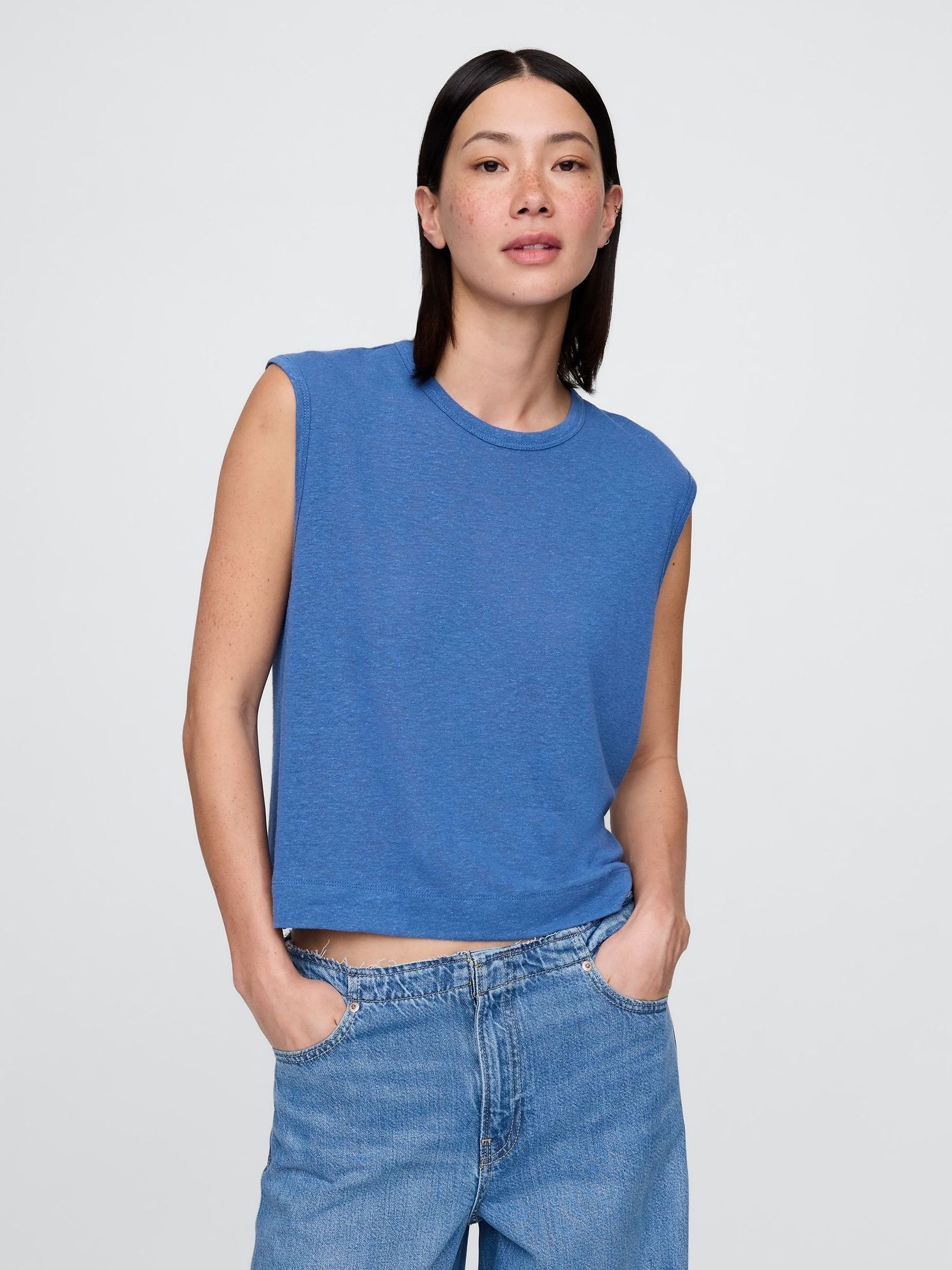 Blue Linen-Blend Crew Neck Shell T-Shirt (W30670) | £20