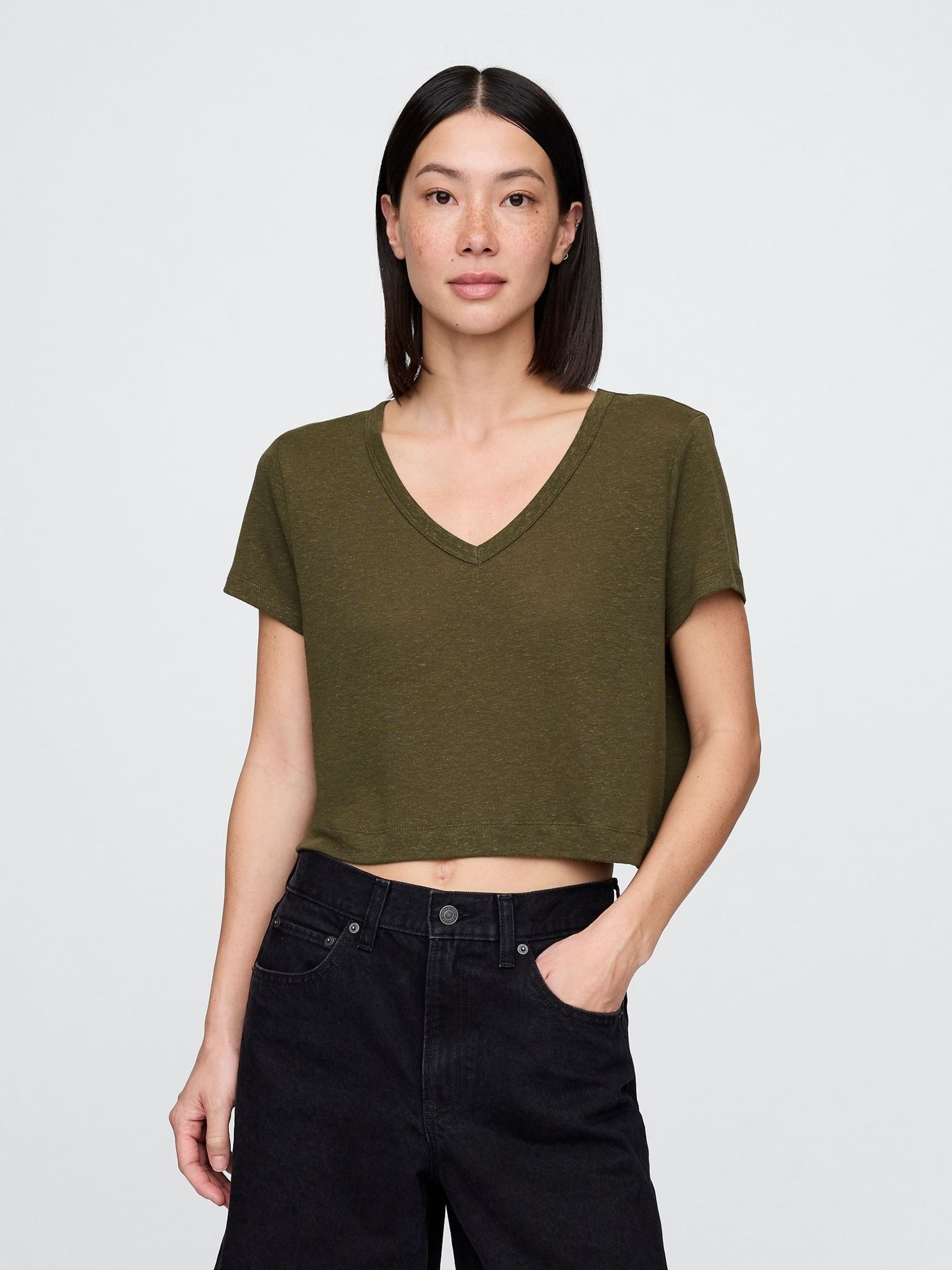 Khaki Green Linen-Blend Cropped V Neck T-Shirt (W30672) | £25