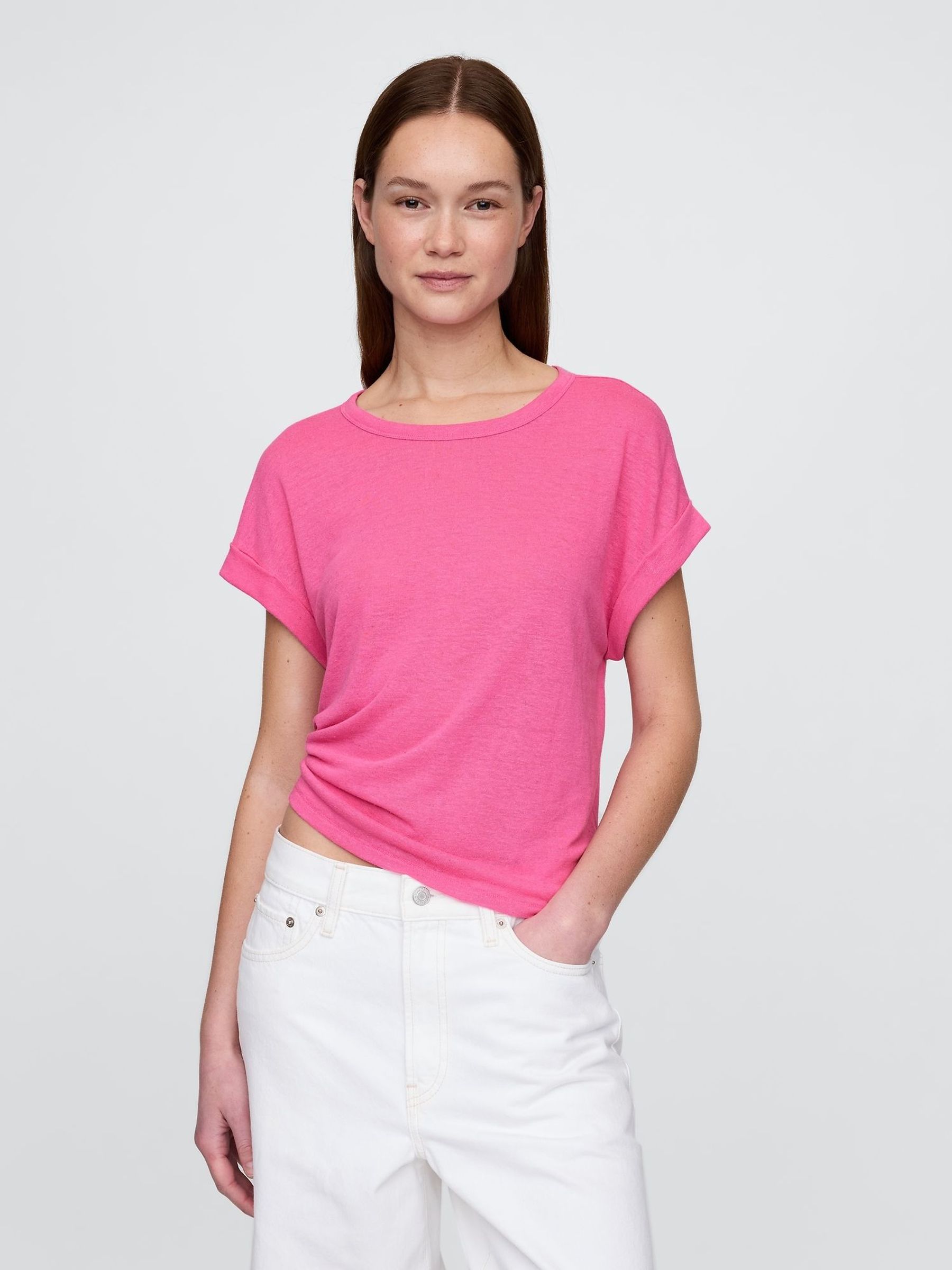 Pink Linen-Blend Roll-Cuff T-Shirt (W30673) | £20