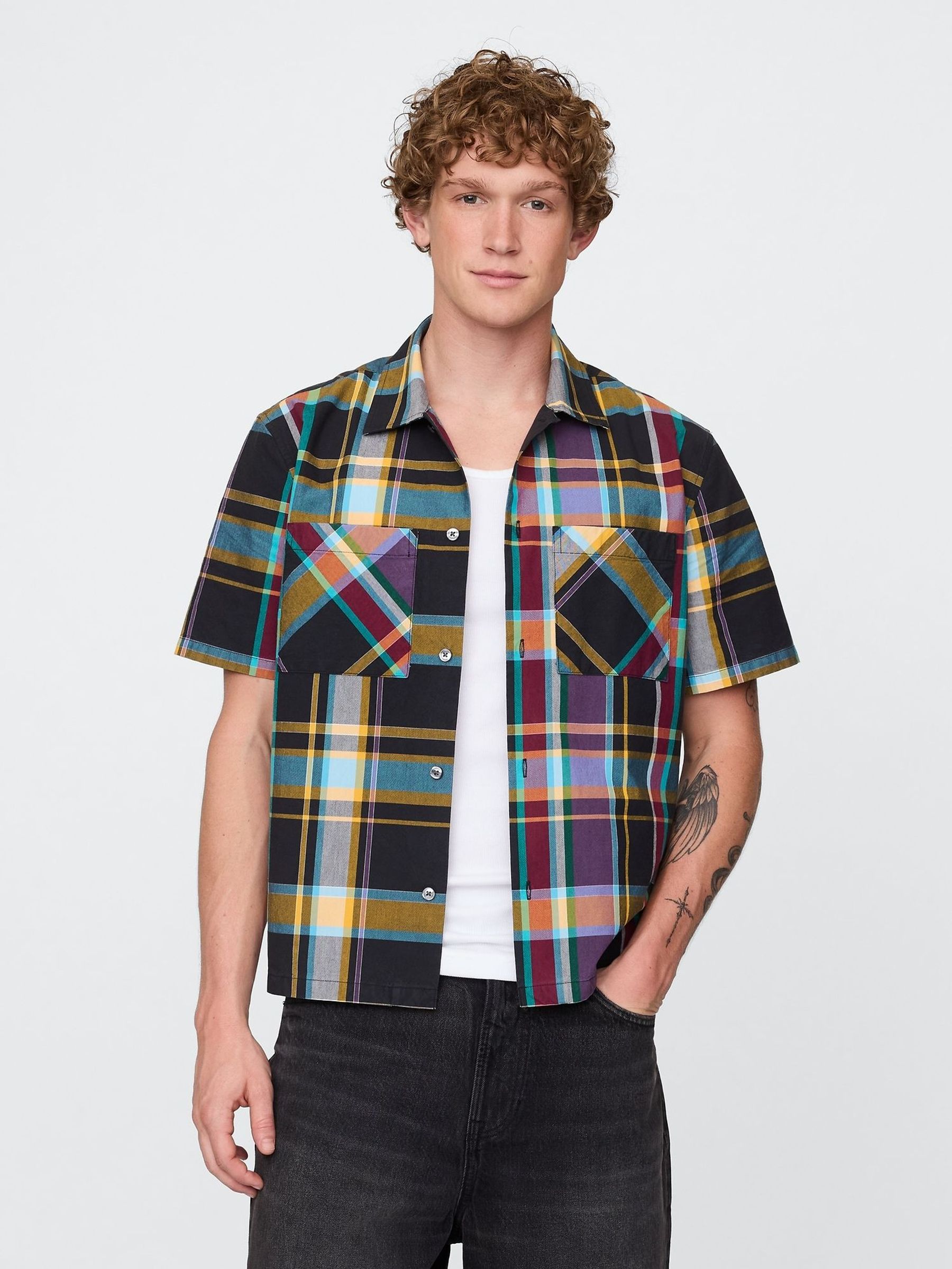 Black/Yellow Check Mixed Check Oxford Short Sleeve Shirt (W30967) | £45