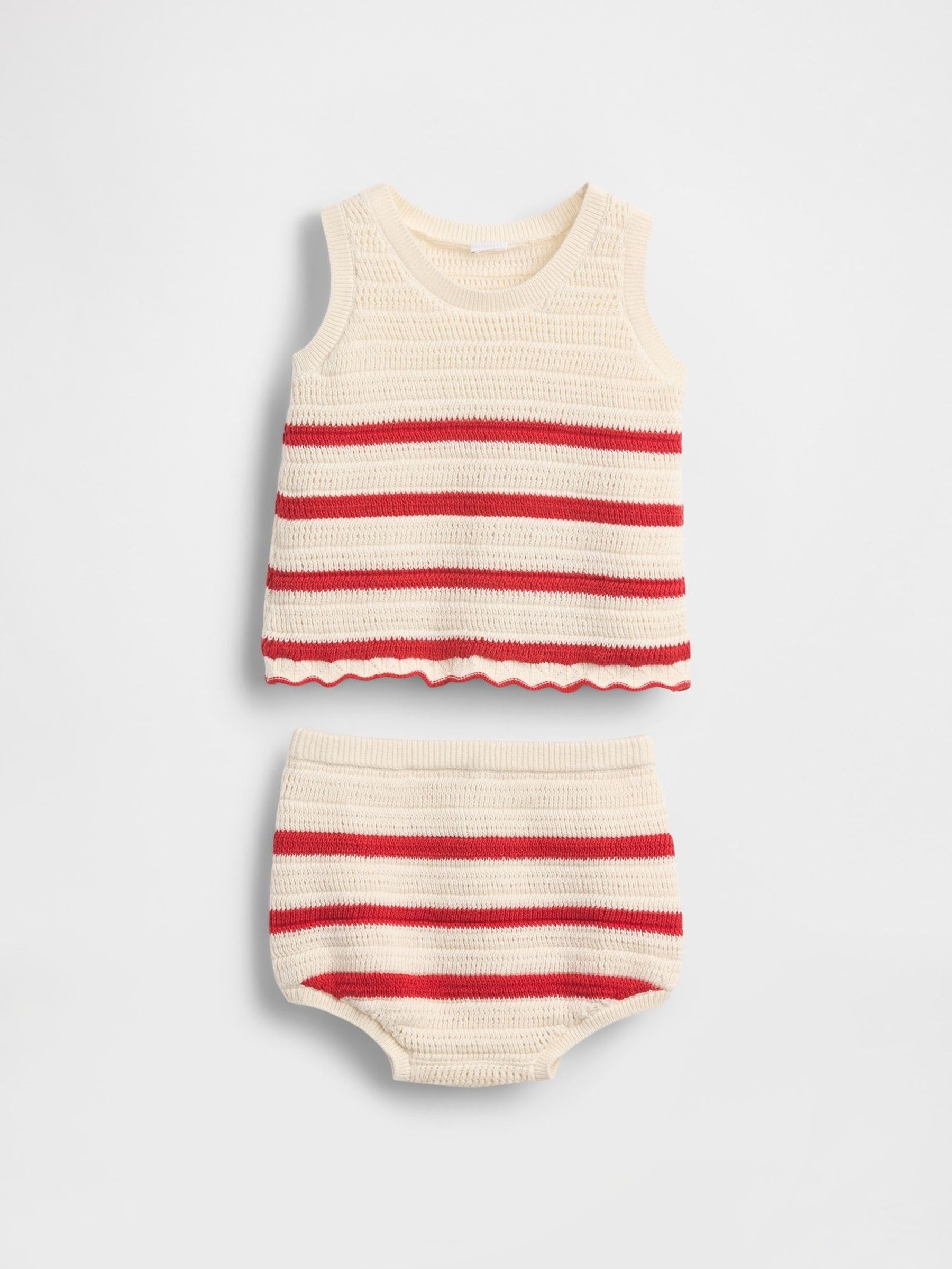 White/Red Stripe Crochet Sleeveless Top & Shorts Set (Newborn-24mths) (W31249) | £30