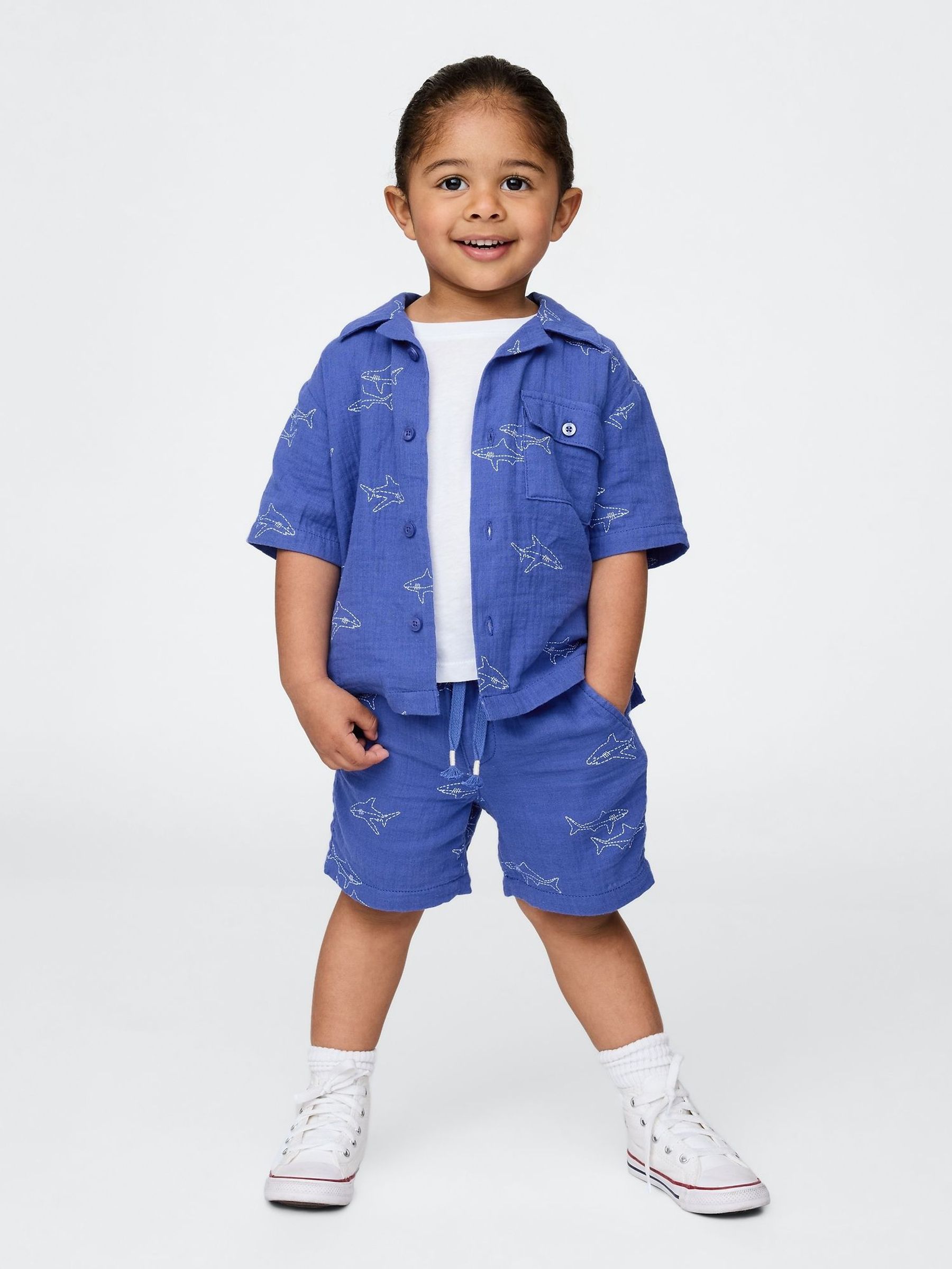Blue Crinkle Gauze Short Sleeve Shirt & Shorts Set (6mths-5yrs) (W31294) | £35