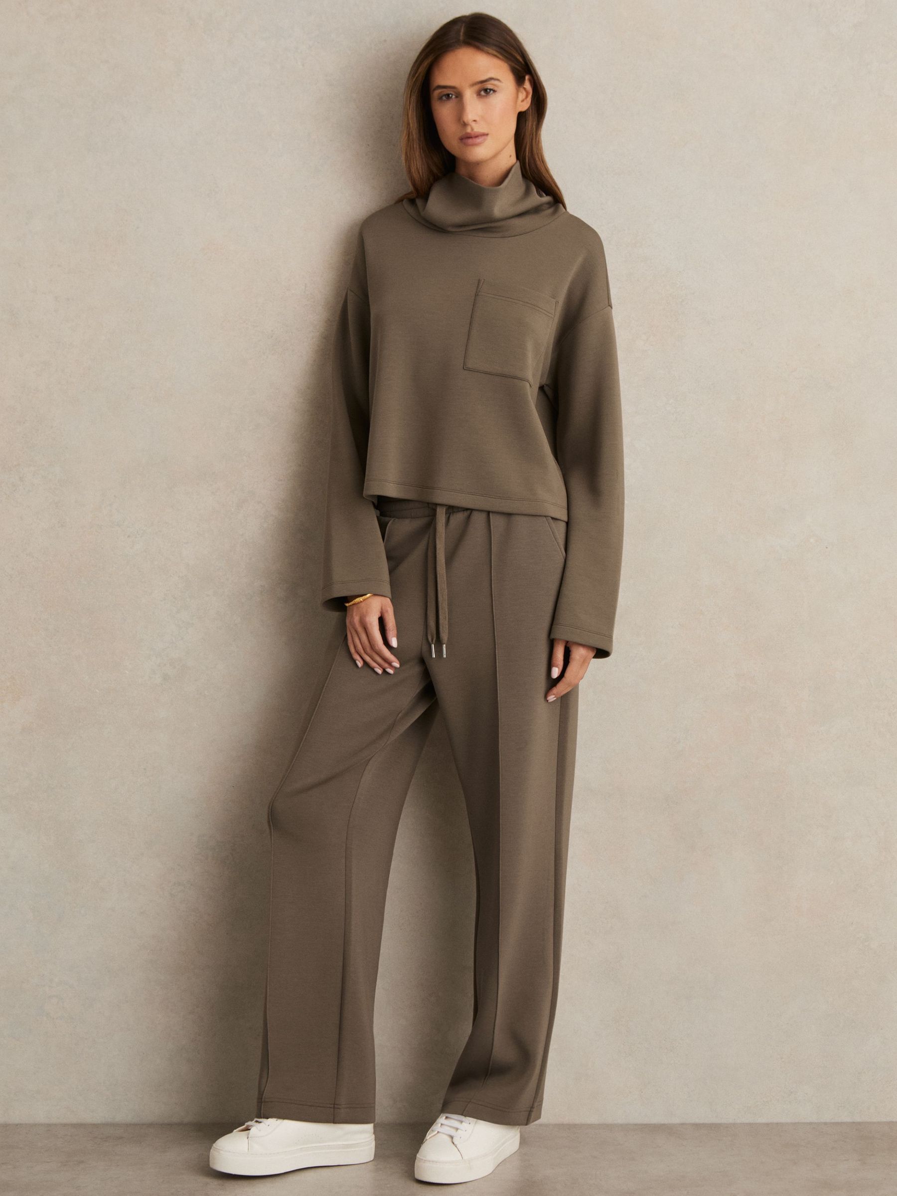 Modal Blend Interlock Wide Leg Joggers in Khaki Green (W31595) | £120