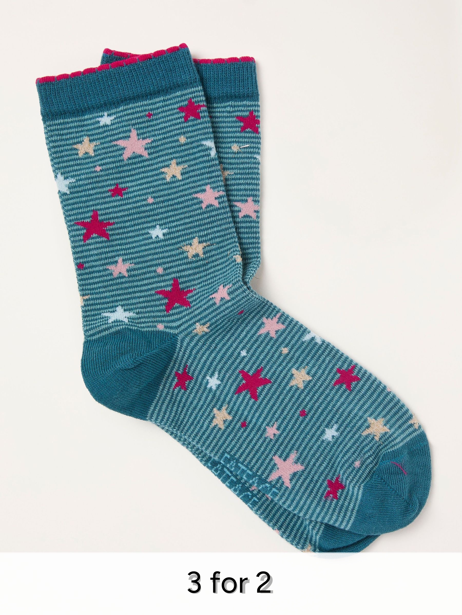 Teal Blue Striped Star Socks (W32039) | £7.50