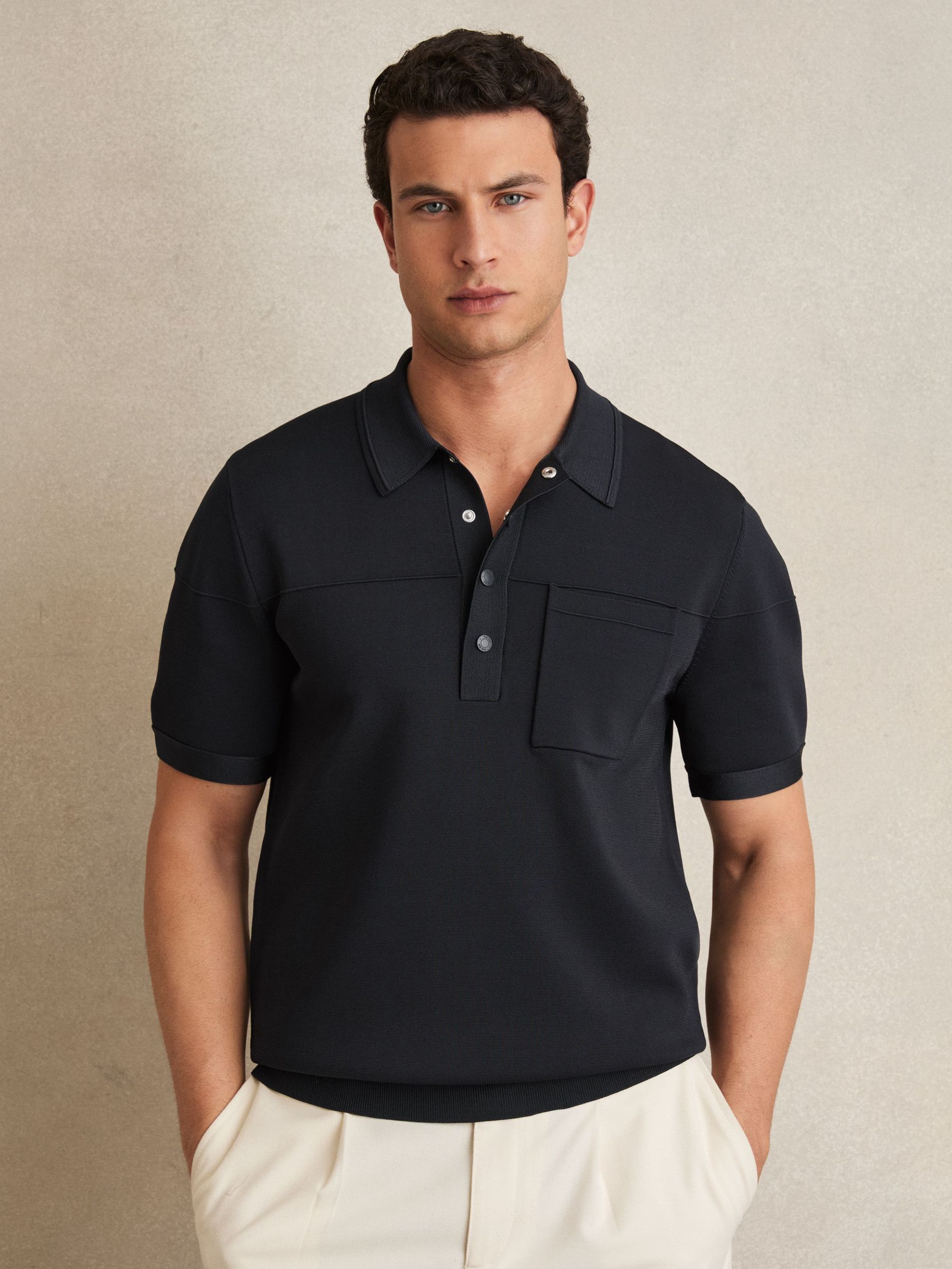 Press-Stud Seam-Detail Polo Shirt in Navy (W32468) | £120