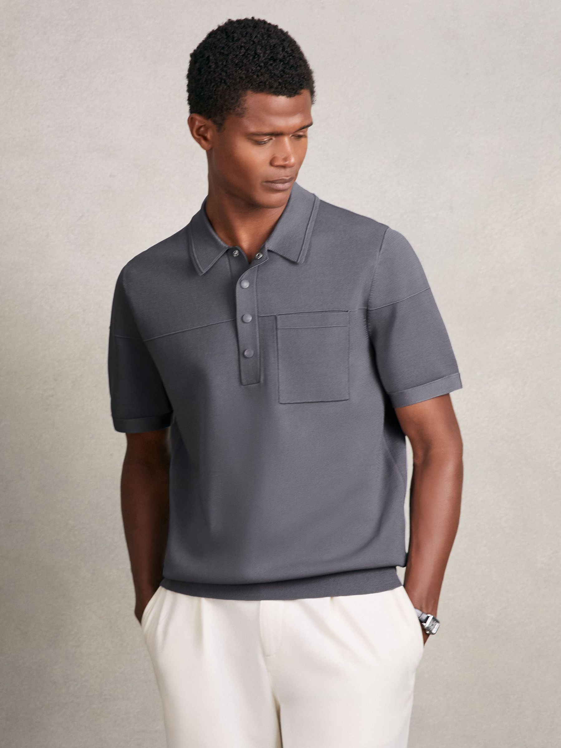 Press-Stud Seam-Detail Polo Shirt in Airforce Blue (W32472) | £58