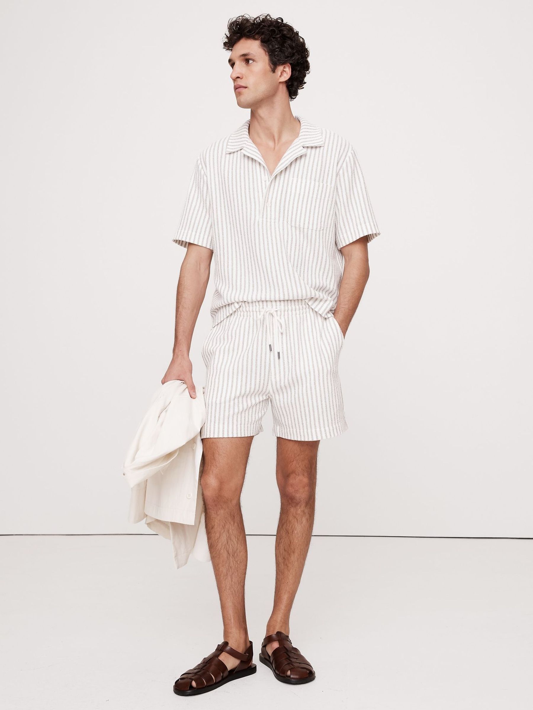 Banana Republic White Brown Stripe Terry Polo Shirt (W32501) | £45