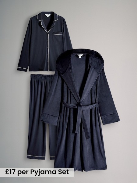 Navy Blue - 2 Pack Viscose Blend Dressing Gown and Button Through Long Pyjamas with Piping (W32929) | £34
