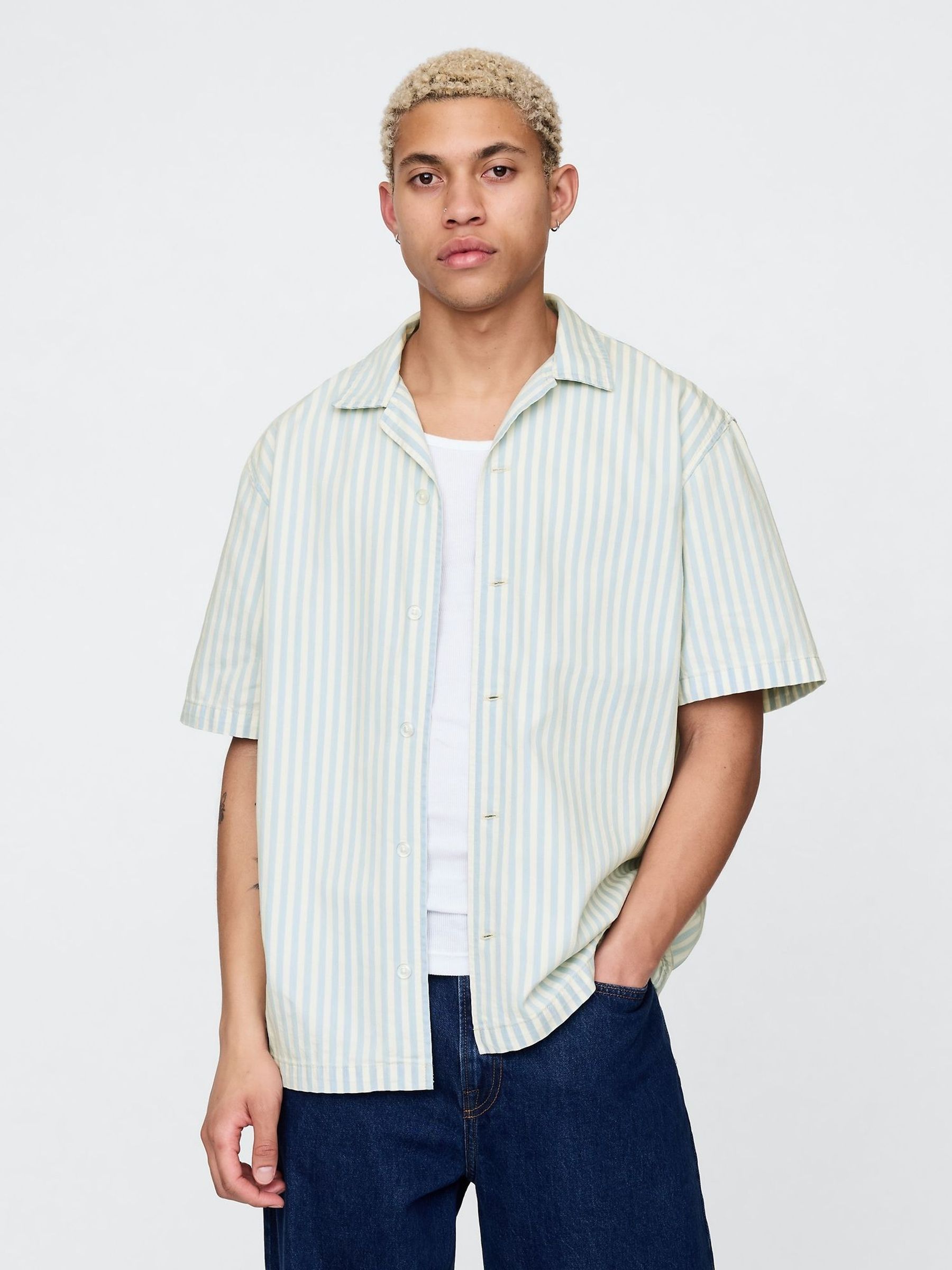 Cream/Blue Stripe Denim Short Sleeve Shirt (W33260) | £40