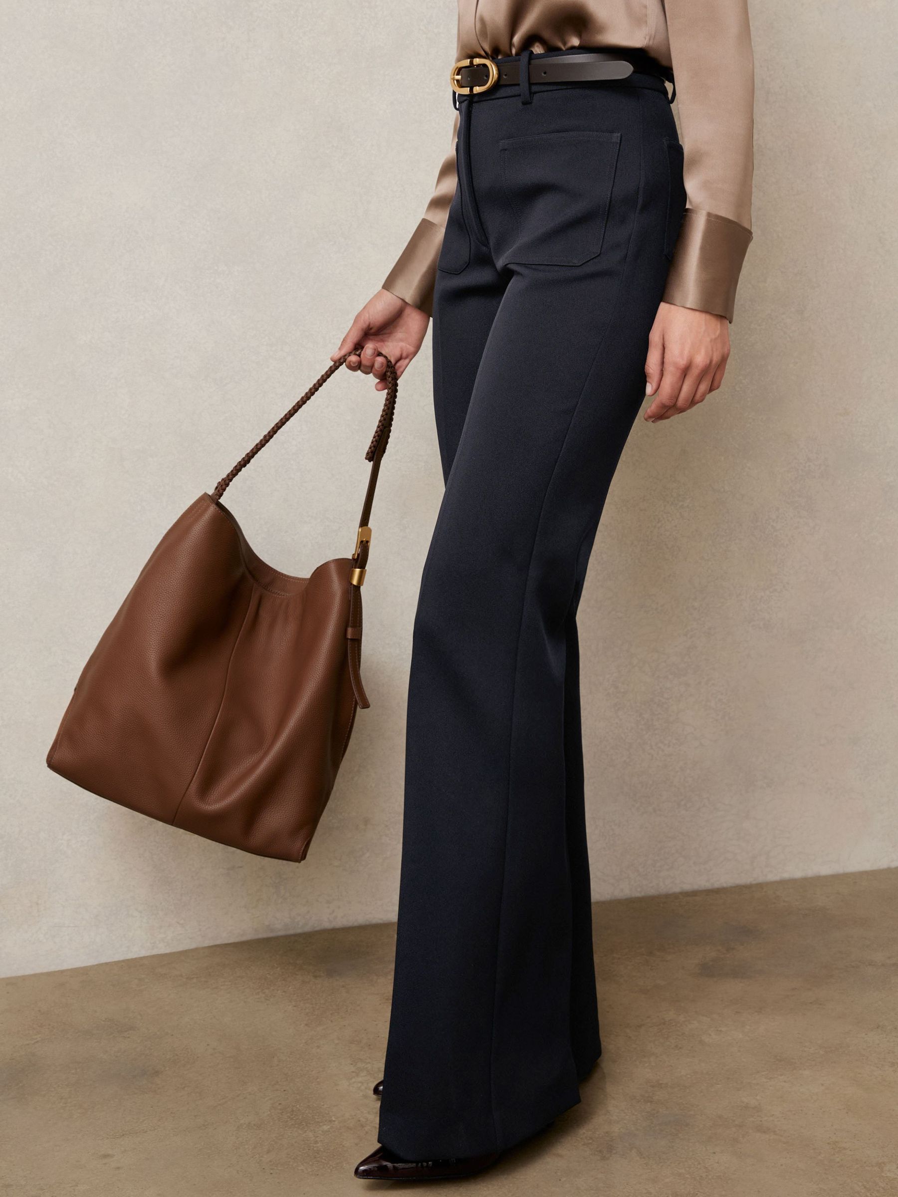 Petite Twill Patch-Pocket Flared Trousers in Navy (W35641) | £150