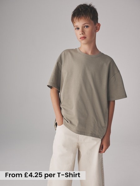 Black/Grey Marl/Green/White - 4 Pack Oversized Short Sleeve Heavyweight Cotton T-Shirts (W35749) | £17 - £21