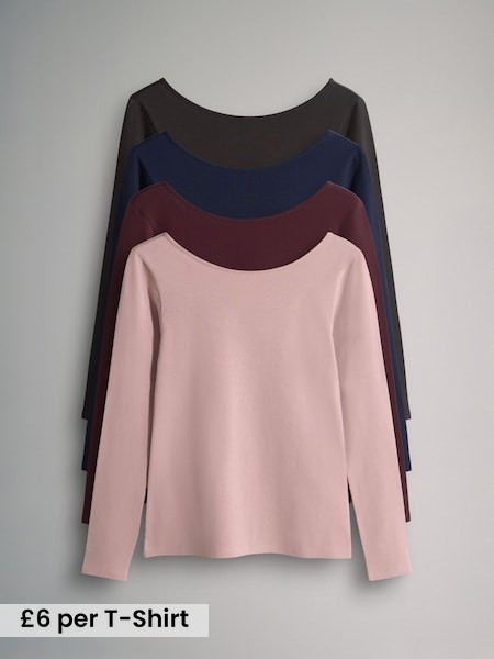 Navy Blue/Chocolate Brown/Dark Red/Mid Pink - 4 Pack Scoop Back Long Sleeved T-Shirts (W35811) | £24