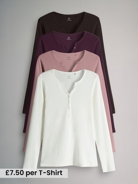 Chocolate Brown/ Pink/Cream - 4 Pack Ribbed Henley Long Sleeve T-Shirts (W35812) | £30