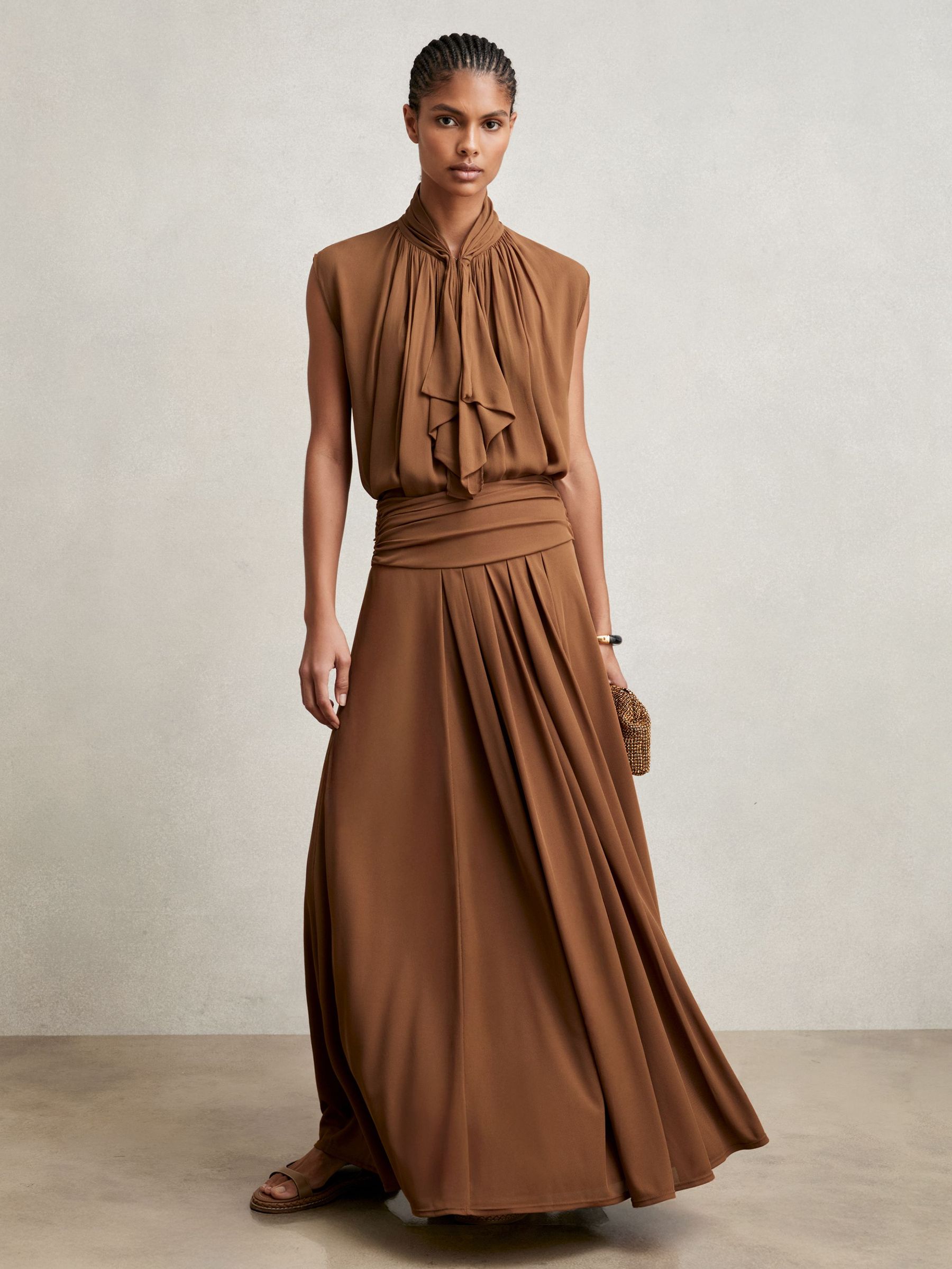 Jersey Ruched-Waist Maxi Skirt in Tan Brown (W38462) | £158