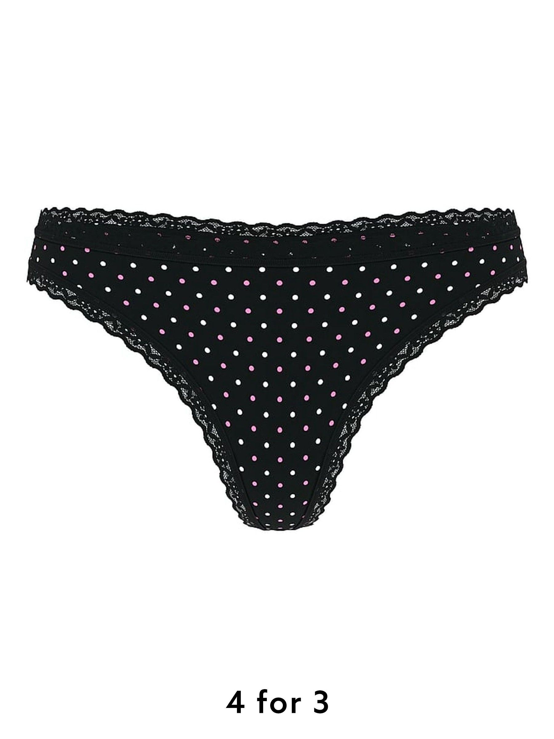 Black Dots Thong Cotton Lace Trim Knickers (W39370) | £9
