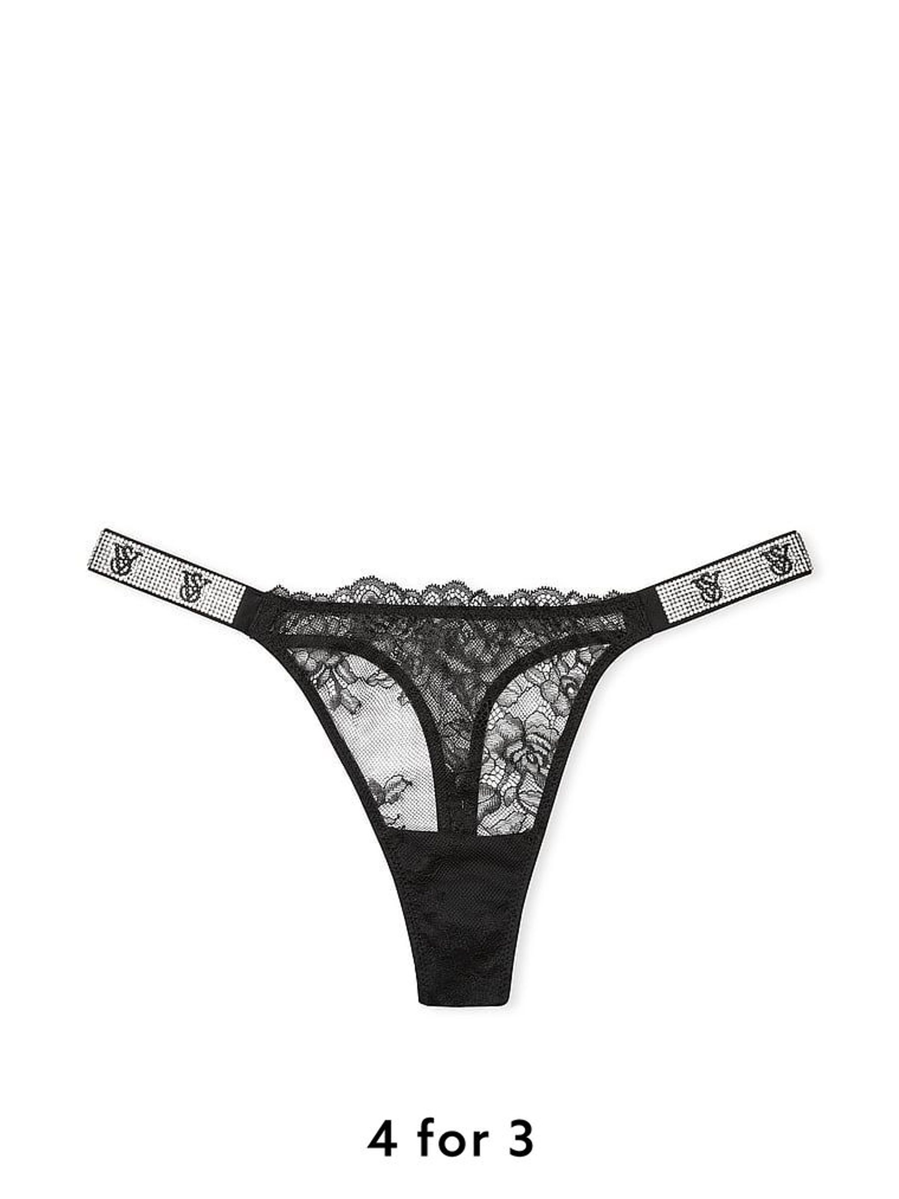 Black Thong Shine Strap Lace Knickers (W39462) | £20