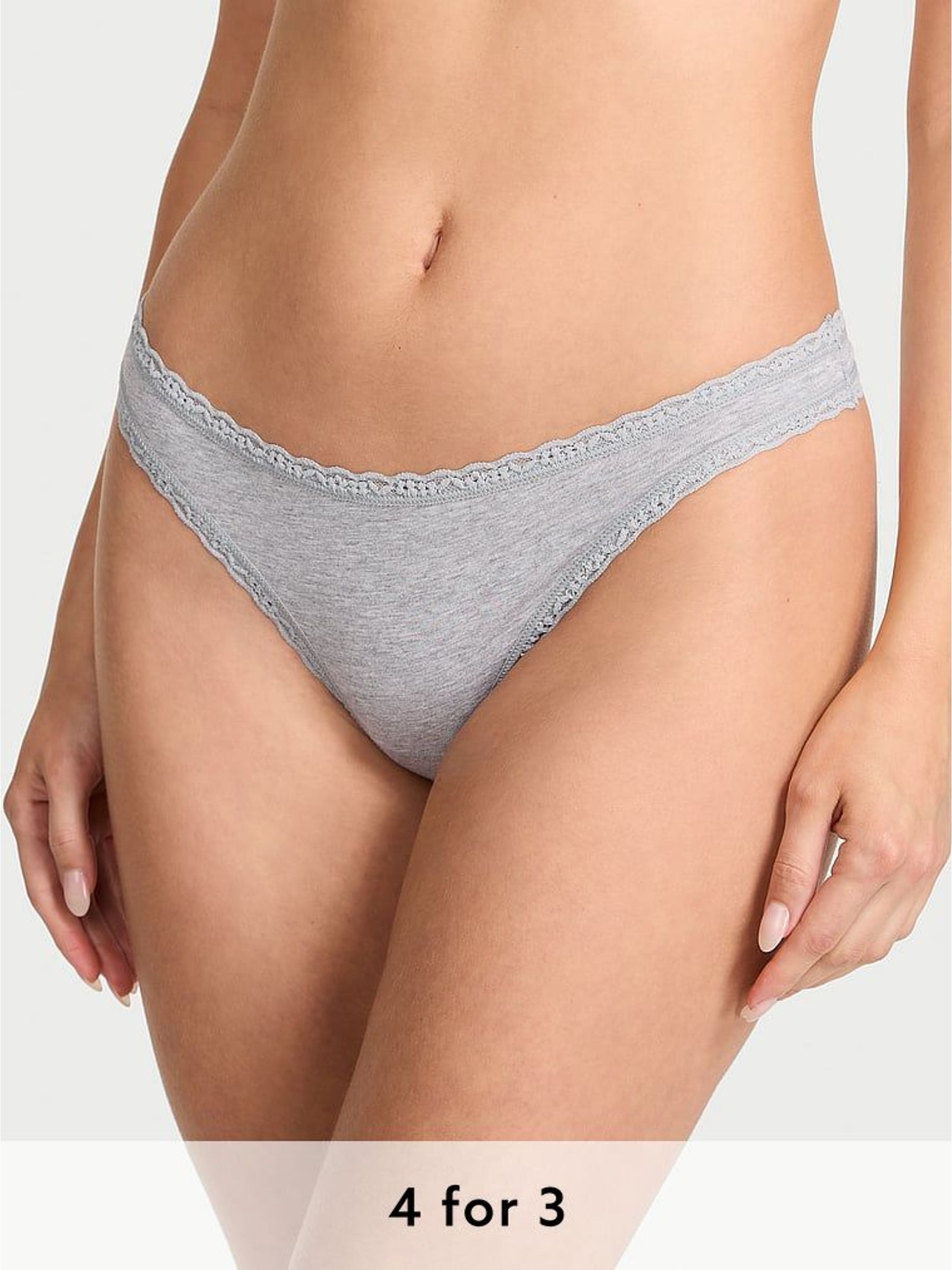 Heather Grey Thong Cotton Lace Trim Knickers (W39466) | £9