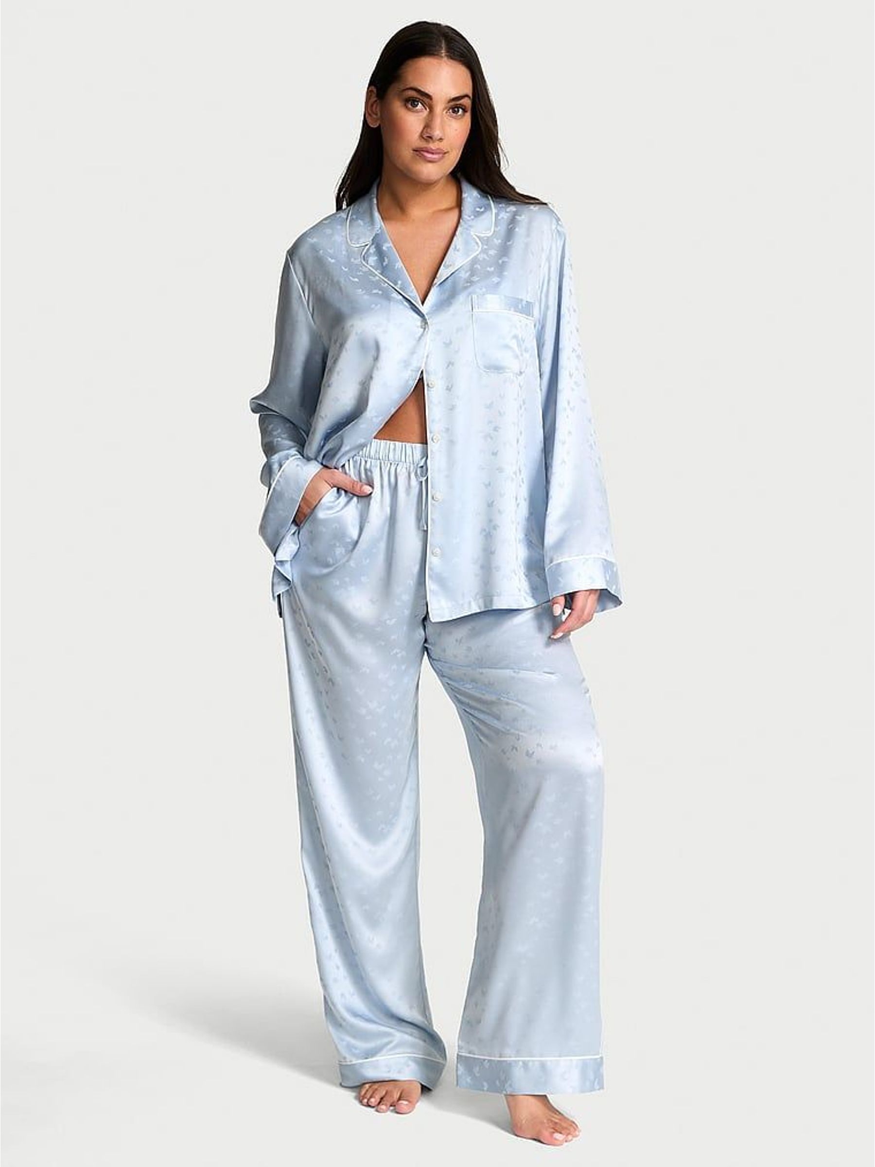 Palest Blue Butterfly Satin Long Pyjamas Set (W39570) | £69
