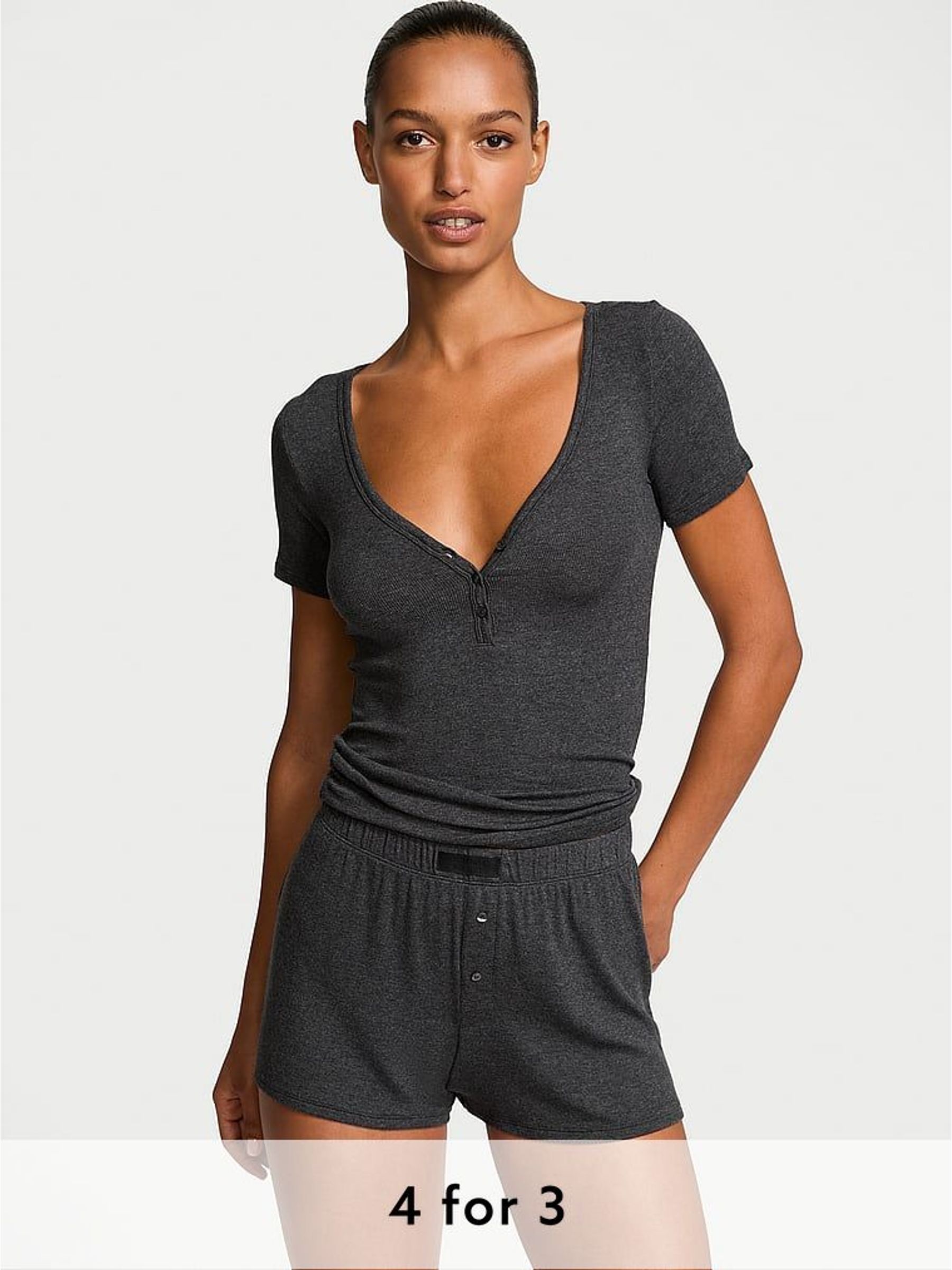 Heather Charcoal Grey Modal Rib Henley Short Sleeve Set (W39596) | £39