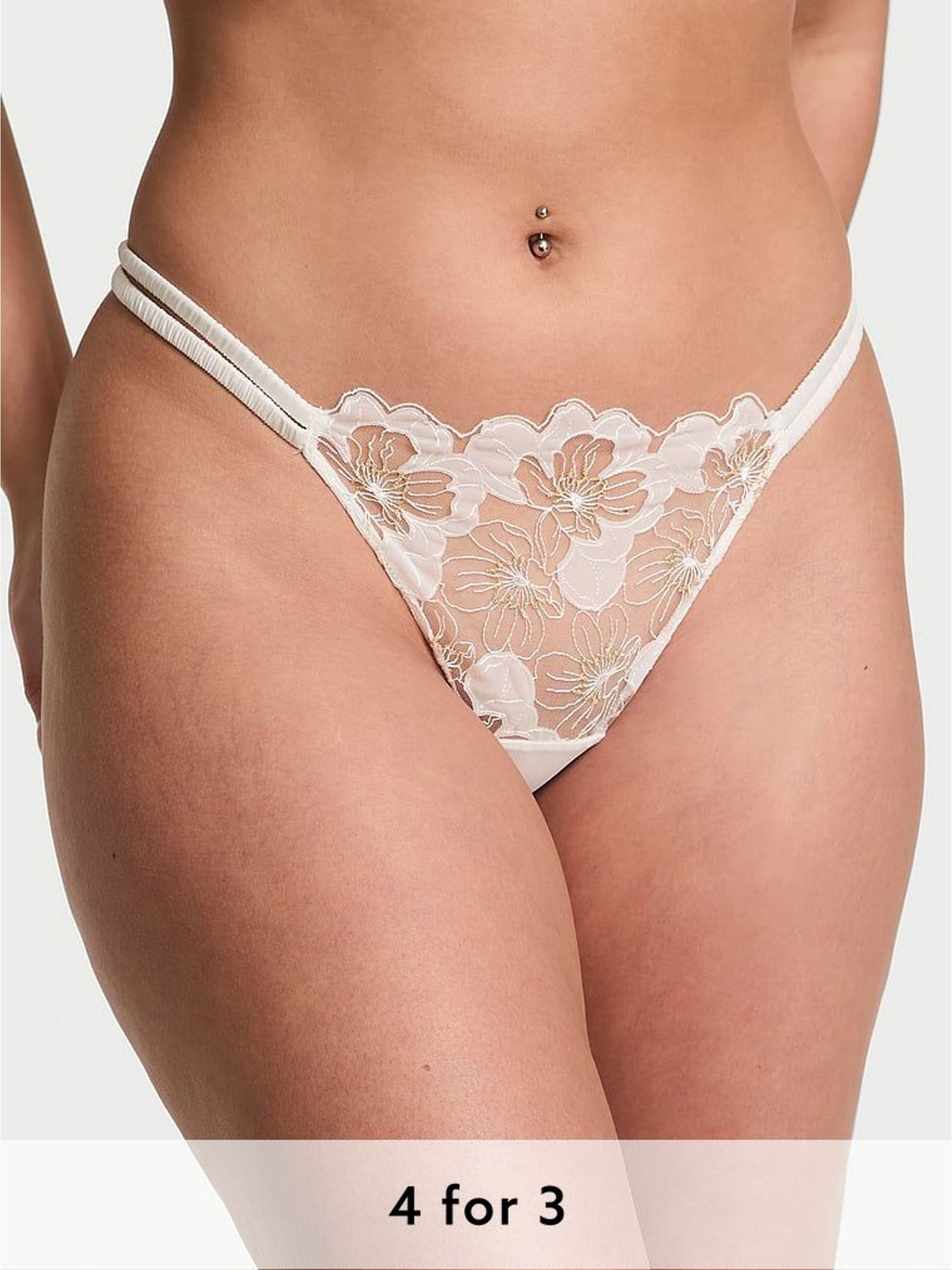 White Double Strap Thong Peony Embroidery Knickers (W40234) | £20