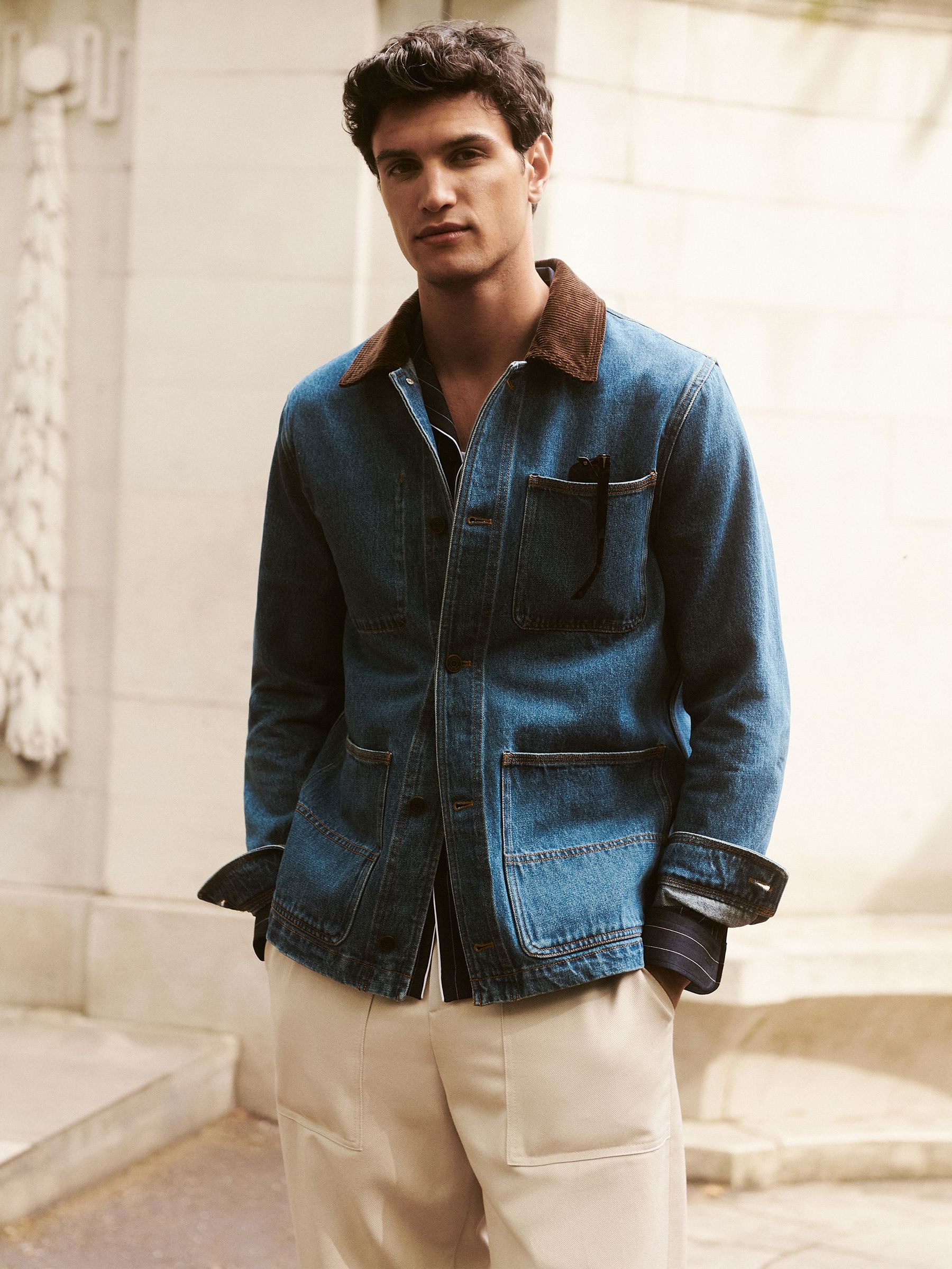Corduroy Collar Denim Worker Jacket in Denim Blue (W40457) | £178